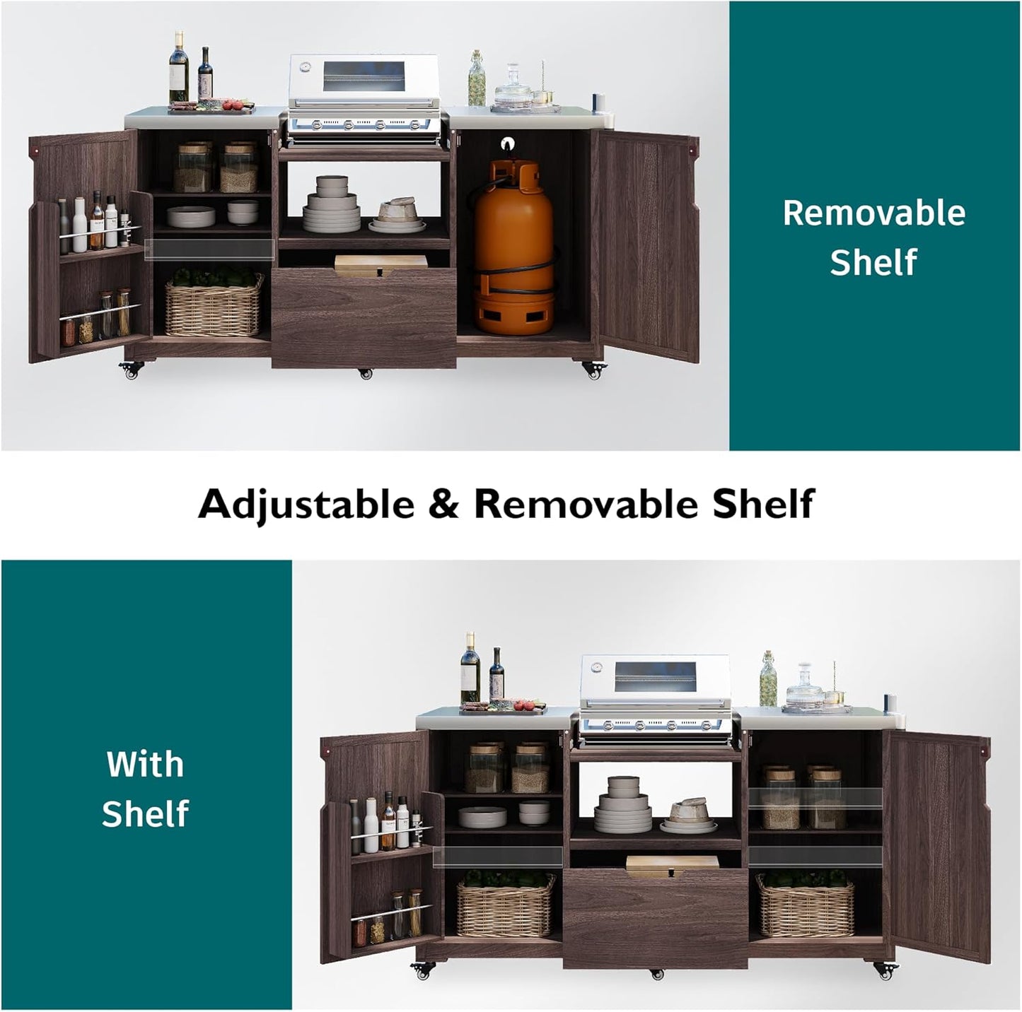 Merax 66.5" Outdoor Grill Table for Big Green Egg, Farmhouse Kitchen Island on Wheels with Stainless Steel Tabletop, Drawer and Spice Rack, Solid Wood Outdoor Storage Cabinet for Backyard, Dark Brown