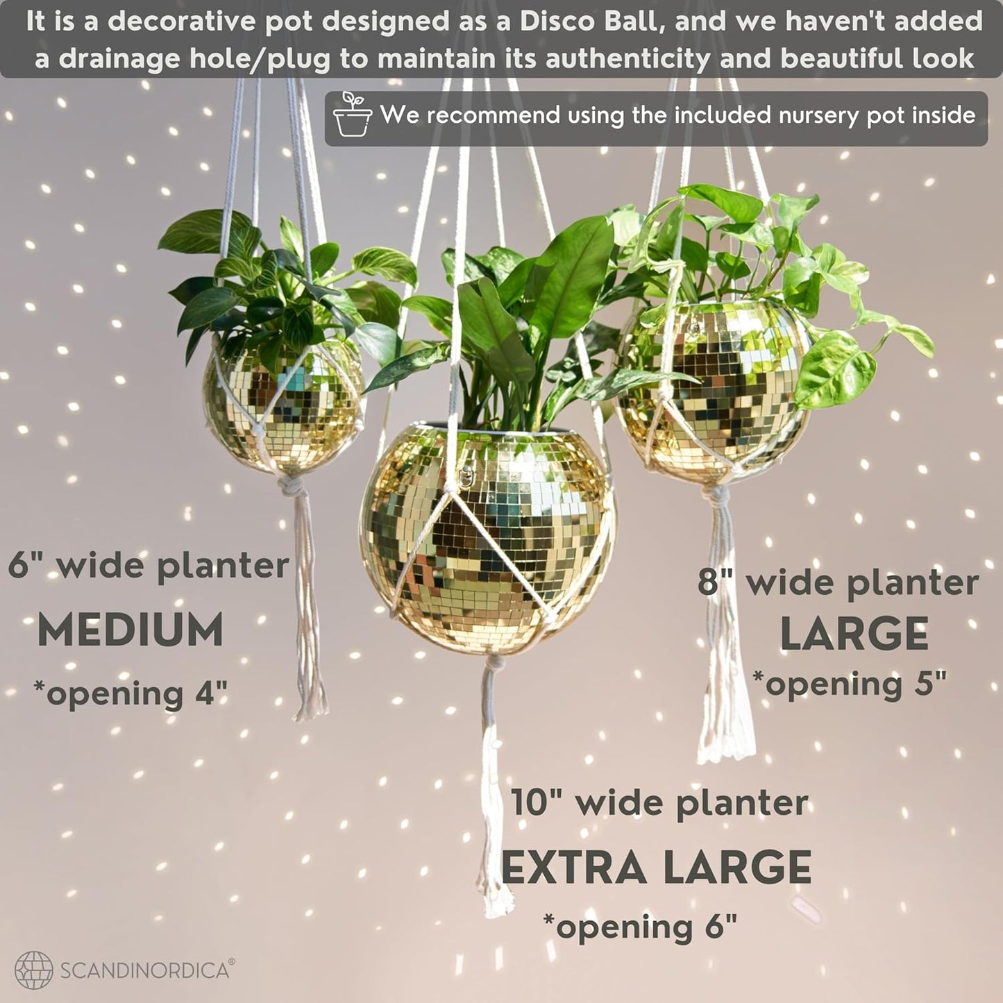 SCANDINORDICA Disco Ball Planter – Value Package: Mirror Disco Planter with Chain, Macrame Hanger and Acrylic Stand for Desk, Includes Self Watering Insert, Retro Decor | 6 inch Gold