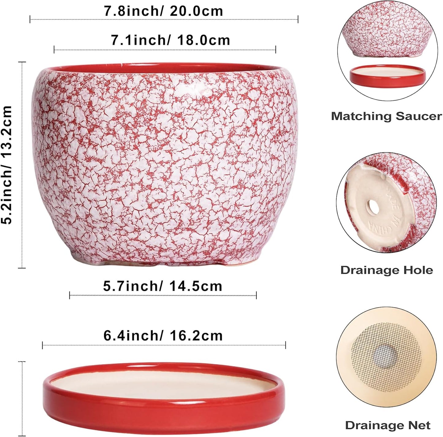 SQOWL Ceramic Pots for Plants - 8 inch Indoor Planter with Drainage Hole and Tray, Ceramic Flower Pot Outdoor, Round Decorative Planter, Bedroom Decor, Gifts for Plant Lovers, Red and White