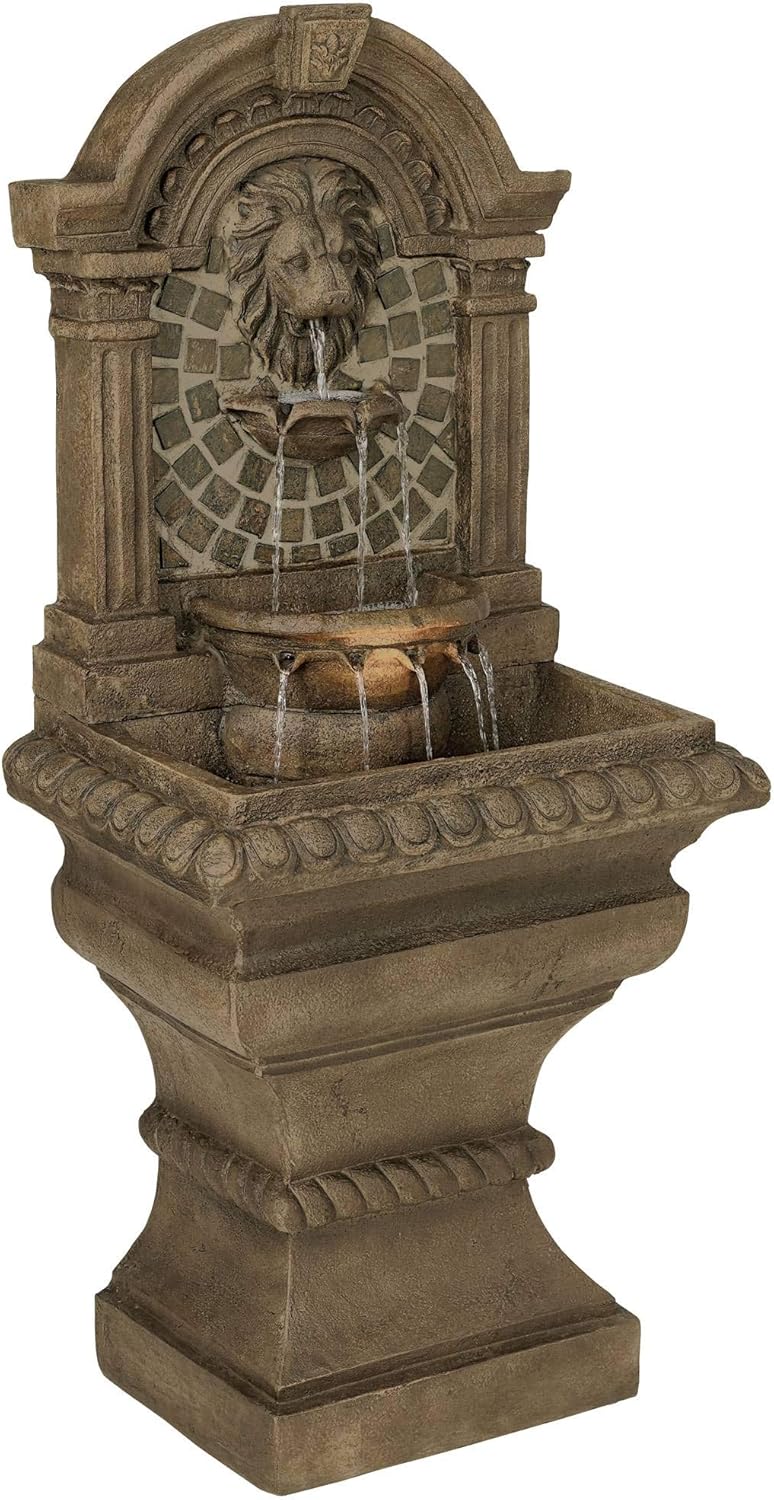 Royal Lions Head 51" High Large Italian Outdoor Decor Faux Stone Floor Fountain with Light Statue Waterfall Standing Tiered Water Feature for Outside Garden Patio Yard Backyard Porch - John Timberland