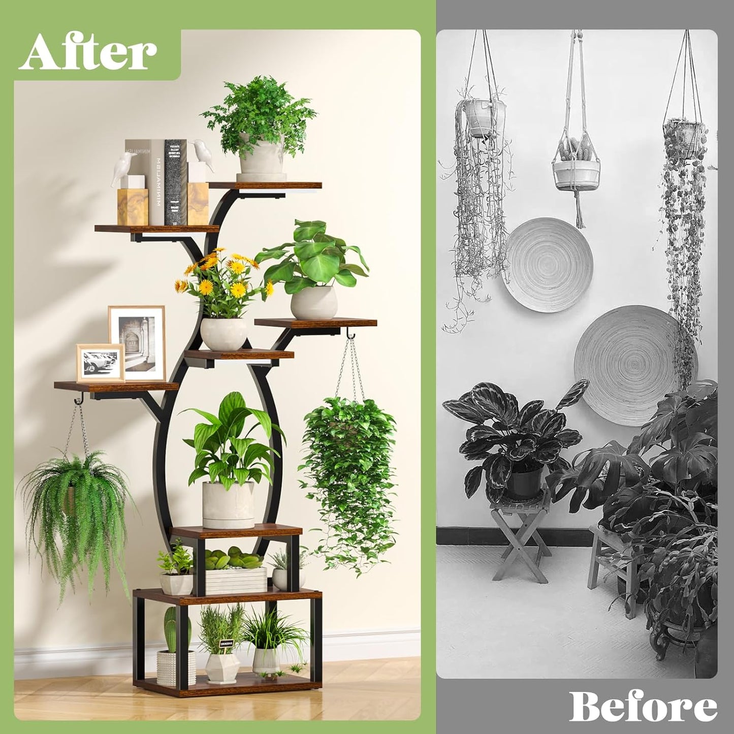 Uneedem 8 Tiered Plant Stand Indoor with Grow Lights, Plant Shelf with Grow Light, Wood Flower Stand for Multiple Plants, Metal flower Holder for Corner, Patio, Garden and Balcony, 32" × 12.3" × 48"