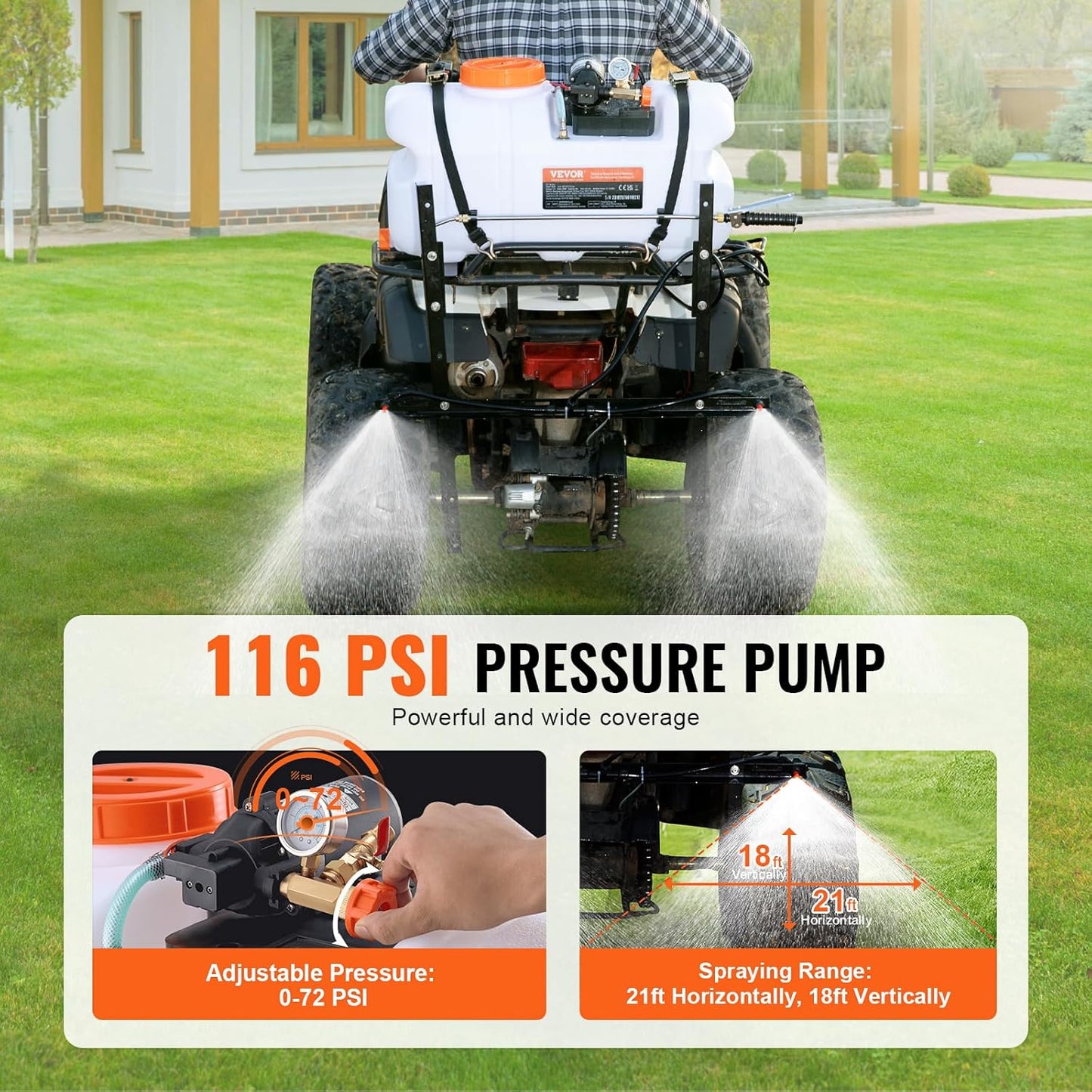 VEVOR ATV Spot Sprayer, 15.9 Gal/60L ATV/UTV Broadcast Sprayer with A Nozzle Boom, 12 V Pump Sprayers with Water Tank, 1.9 GPM Flow Rate, Adjustable 0-72 PSI, 20FT Hose, Weed Sprayers for Garden, Farm