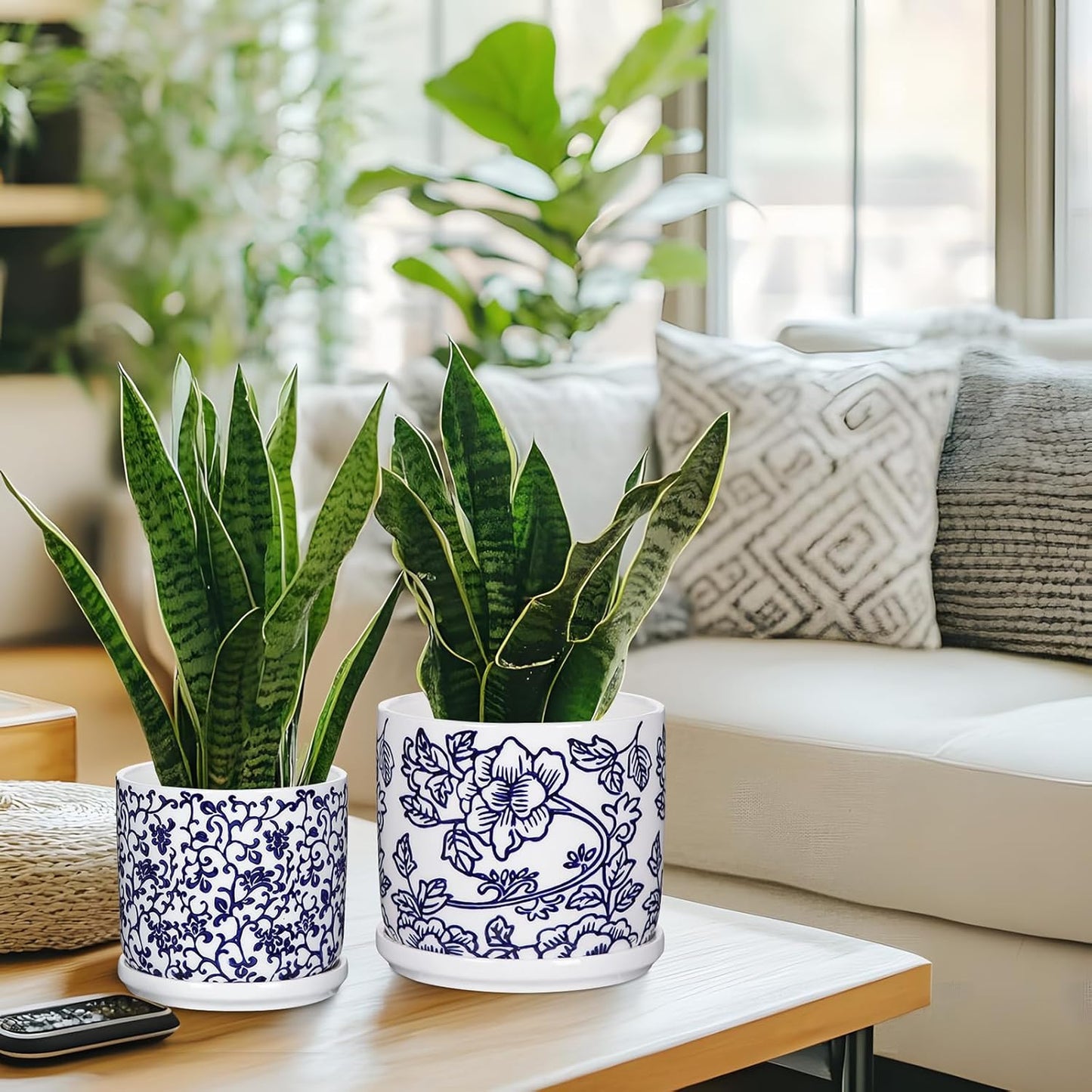 Set of 2 Blue and White Ceramic Plant Pots with Drainage Hole and Saucers, Retro Blue Porcelain Vase Round Planters for Succulent Cactus Indoor Outdoor Garden Home Desktop Decor, 4.5+5.5 Inch