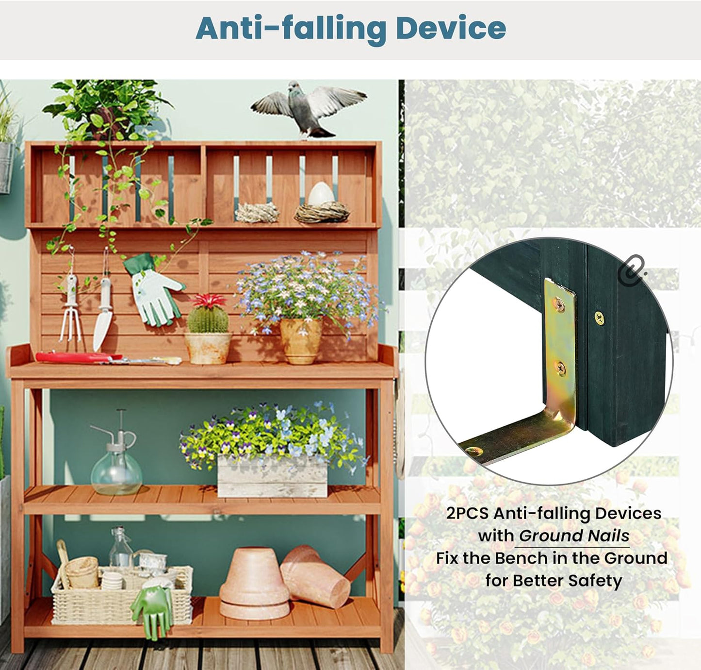 65" Wooden Potting Bench with 4 Shelves & Side Hook - Farmhouse Style Outdoor Garden Workstation (Natural + Solid Wood + Timber)