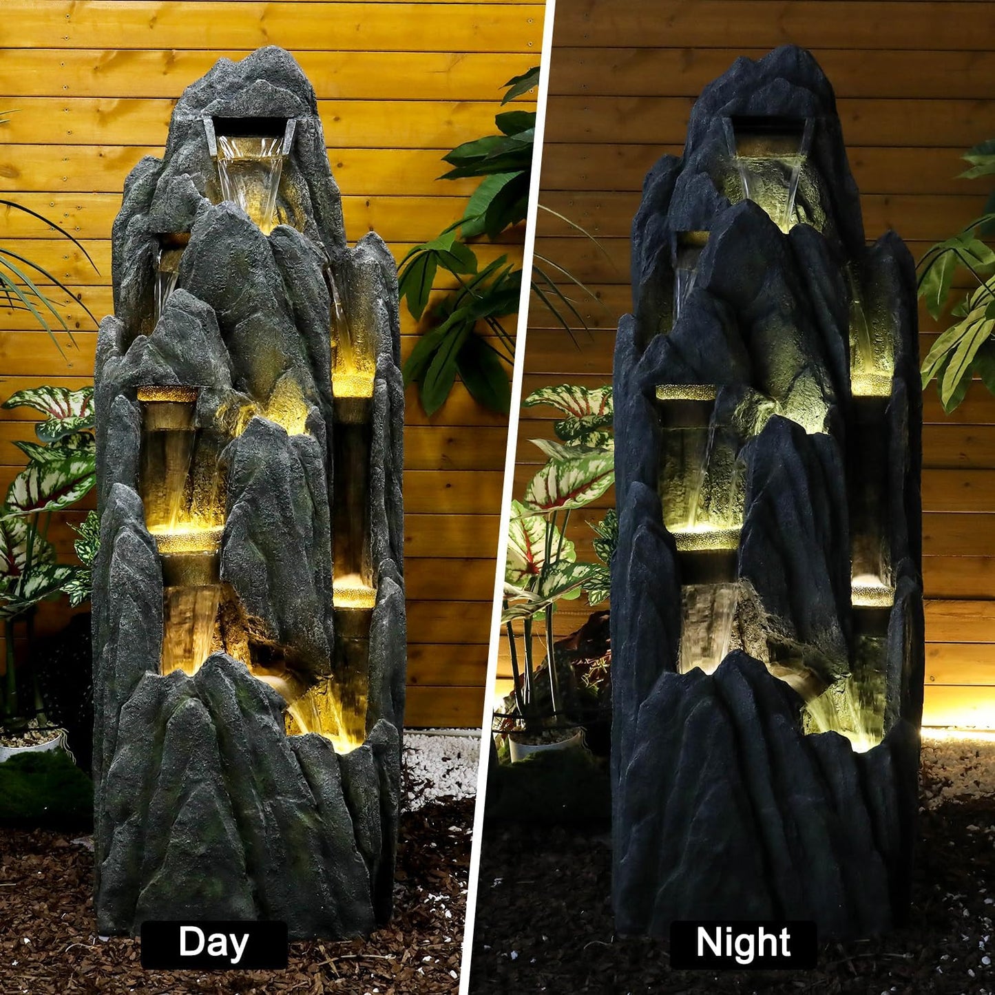 SunJet Outdoor Rockery Water Fountain with LED Lights - 51" Tall Resin Cascading Fountains and Waterfalls Feature for Patio, Yard, Garden Decor, Featuring Realistic Natural Stone Look