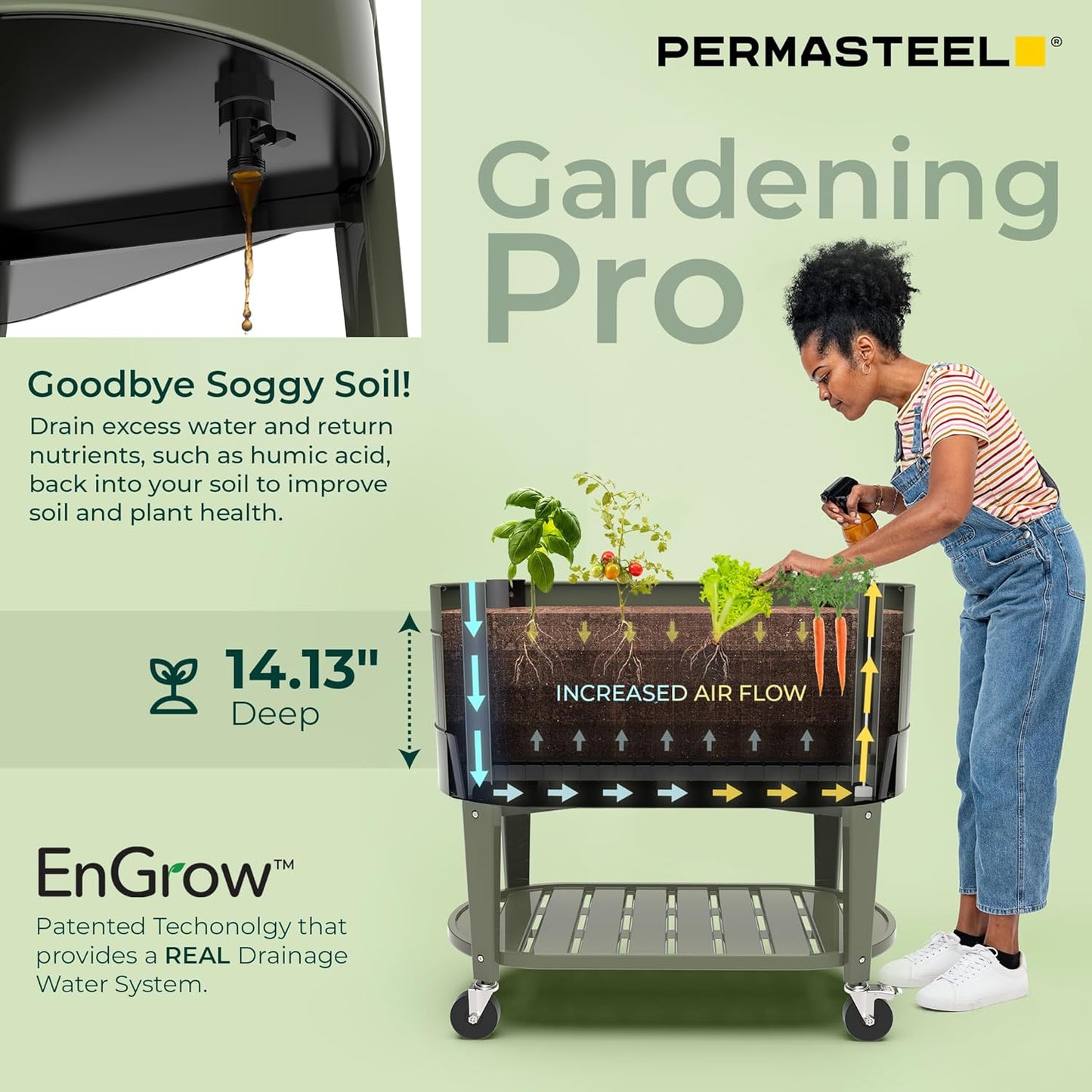 Permasteel Raised Garden Bed with Legs, 40×20×37 in, Planter Box with EnGrow™ TrueSoil™ Technology for Vegetables, Flowers, Herbs, and Fruit, Outdoor Indoor, Storage Shelf, Green