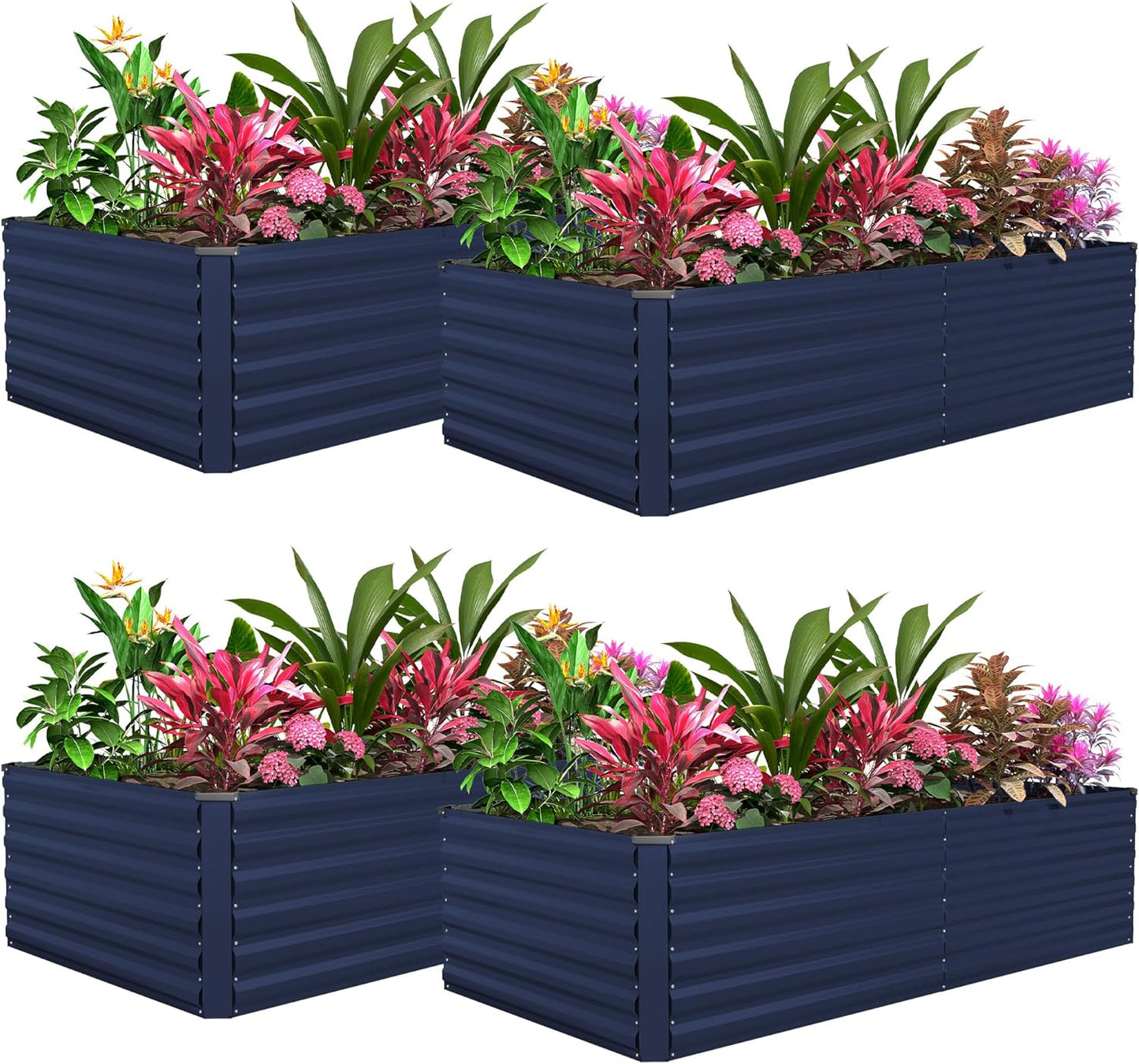 FOOWIN 4pcs 8x4x2ft Galvanized Raised Garden Bed, Planter Raised Garden Boxes Outdoor, Large Metal Raised Beds for Gardening, Garden Bed for Vegetables, Flowers, Herb,478 Gallon Capacity, Royal Blue