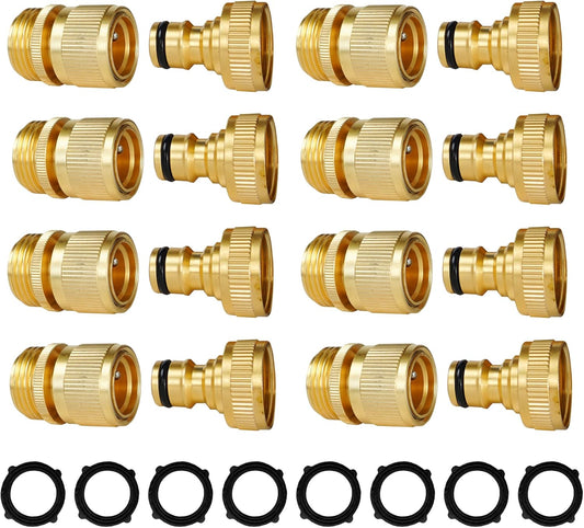 Hourleey Garden Hose Quick Connect, 8 Set Solid Brass 3/4 Inch GHT Thread Garden Hose Quick Connect Fittings, No-Leak Male and Female Water Hose Quick Release Connectors