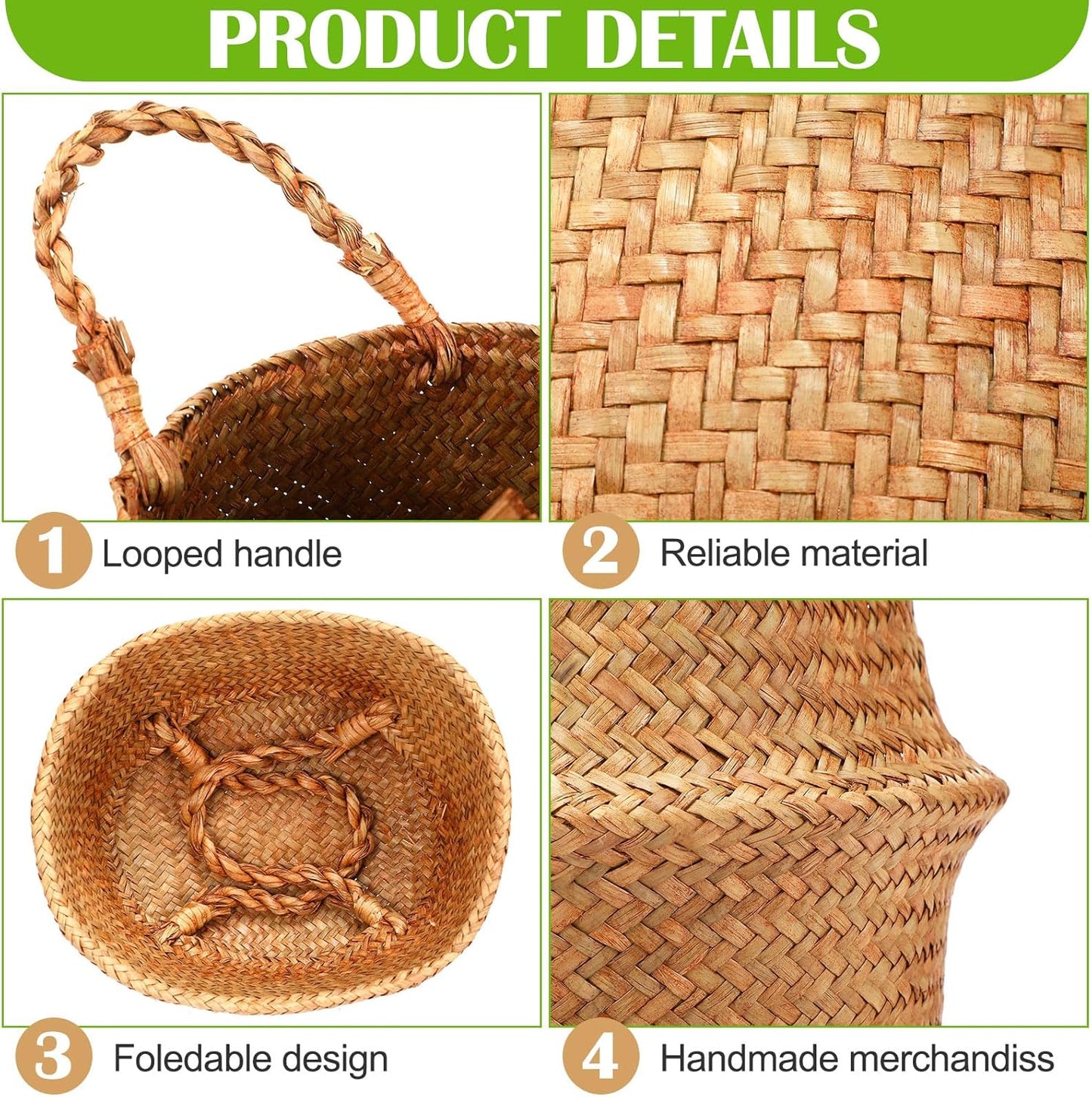 Qunclay Woven Seagrass Baskets Belly Basket Folding Boho Natural Plant Pot with Handles Round Decorative Wicker Large Indoor Planter for Home Outdoor Tree Planters Decor(12 x 11 Inch, 8 Pcs)