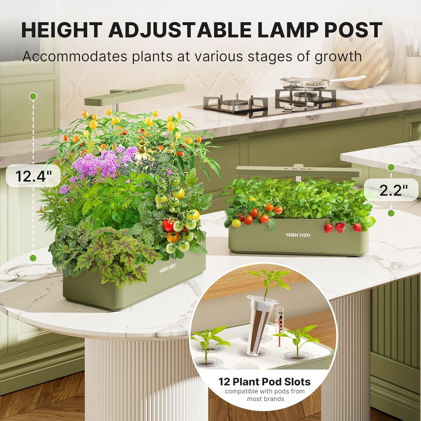 SUNCOZE Hydroponics Growing System Kit 12 Pods, 24W LED Grow Light Indoor Garden, 4L Water Tank with Quiet Pump, Adjustable Height Herb Garden Planter Indoor Kit, Gardening Gifts, Green