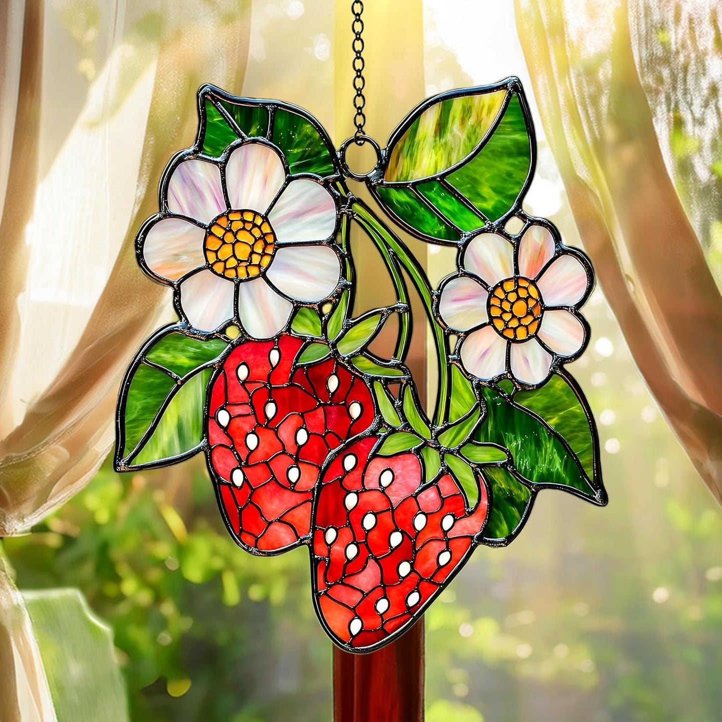 Strawberry Branch Acrylic Suncatcher Window Hanging Floral Home Decor Nature Lover Housewarming Gift