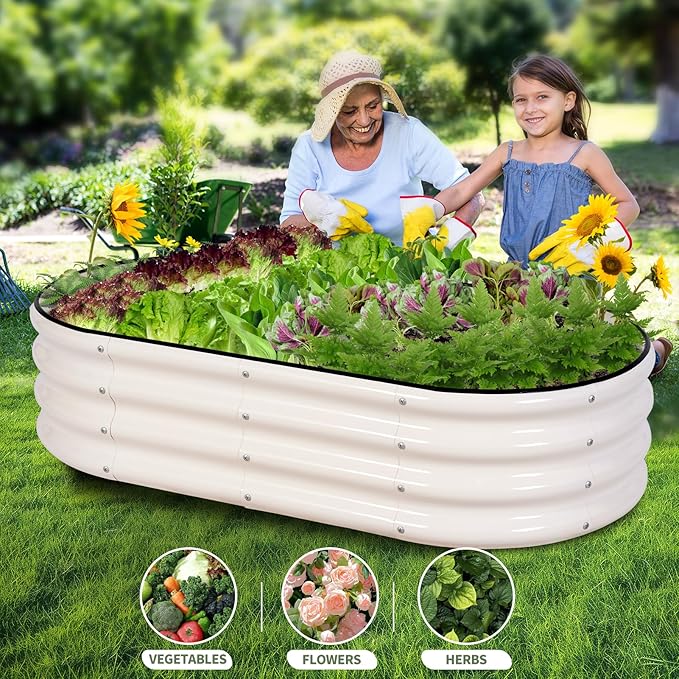 Galvanized Raised Garden Bed - 4x2x1FT Metal Planter Boxes Outdoor | Oval Steel Raised Bed Kit for Gardening with Protective Tape, Gloves for Vegetables, Flower, Herb (White)