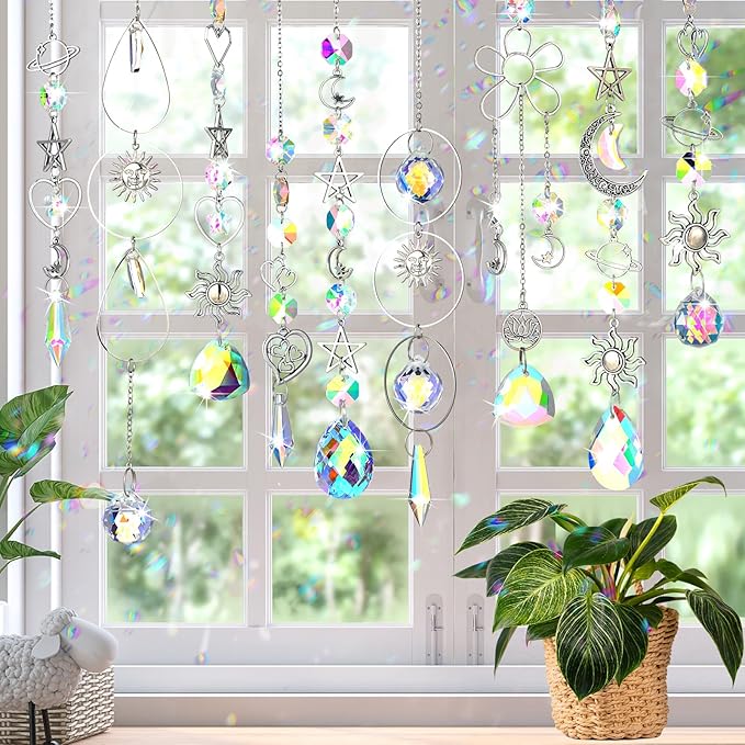 Maitys 9 Pcs 6 Pcs Crystal Suncatcher Sun Catchers Indoor Window Hanging Sun Catchers with Light Catcher with Prisms and Agate Slices for Indoor Outdoor Home Garden Wedding Decor (Elegant)
