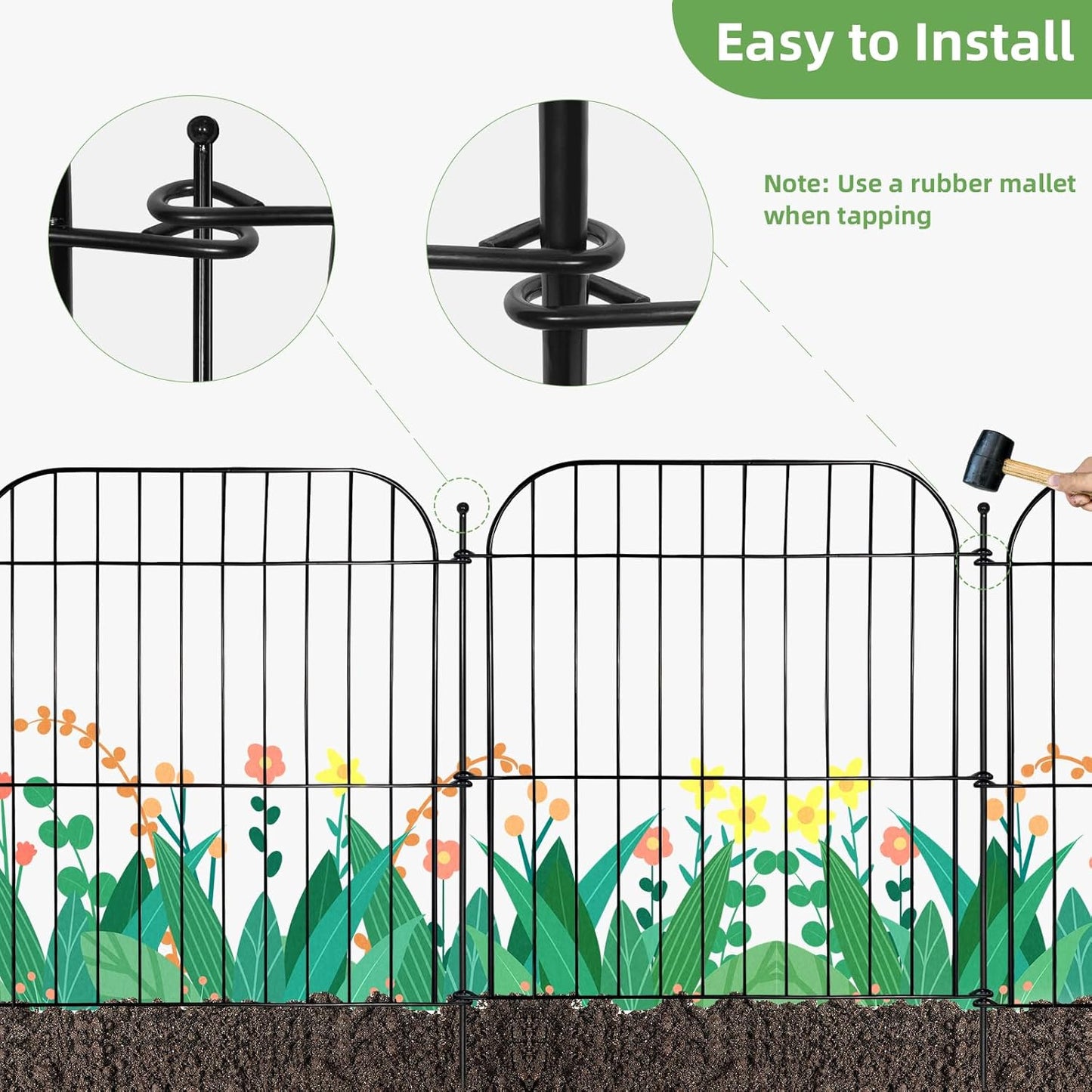 10 Panels No Dig Decorative Garden Fence, 24 in(H) x 20 ft(L) Rustproof Metal Wire Fencing Border, Dog Fence Outdoor for Yard, Temporary Tall Animal Barrier for Rabbits and Small Pets
