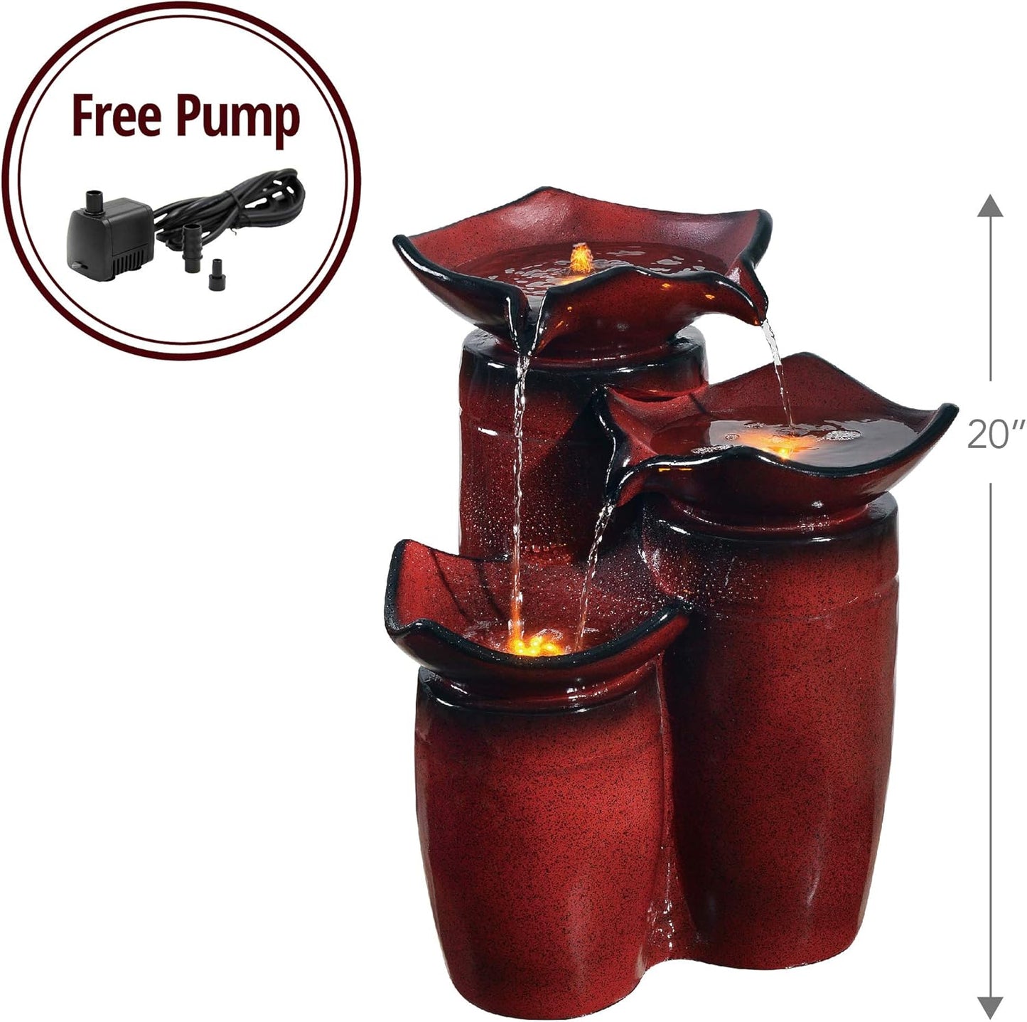 Teamson Home 3 Tiered Floor Water Glazed Pots Fountain with LED Lights and Pump for Outdoor Patio Garden Backyard Decking Décor, 20 inch Height, Gradient Red