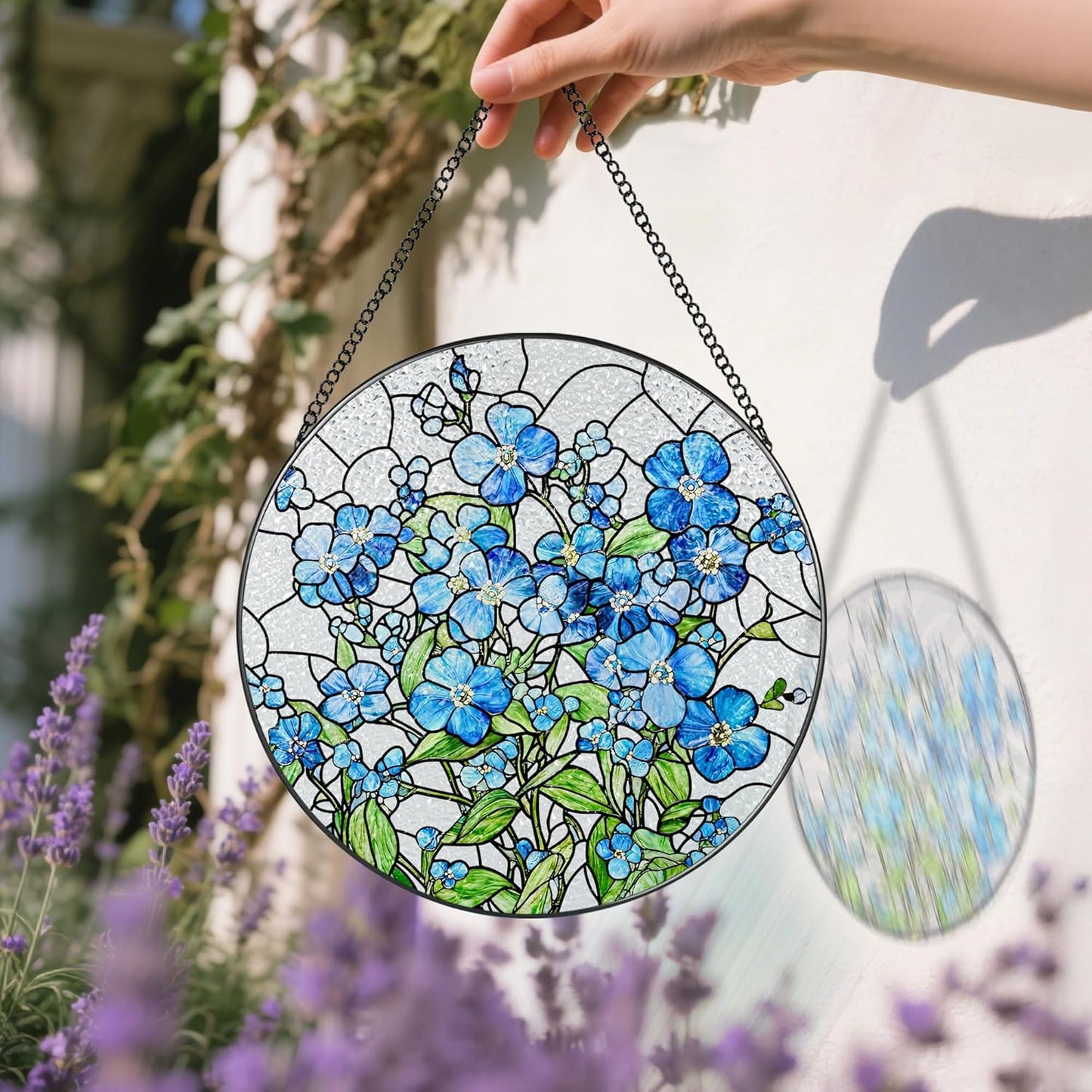 Stained Glass Window Hanging, 8 Inch Forget Me Not Stained Glass Suncatcher, Window Hanging Decor, Flower Sun Catchers, Gifts for Flower Lover, Birthday Gifts for Lover, Friend, Family, Teacher