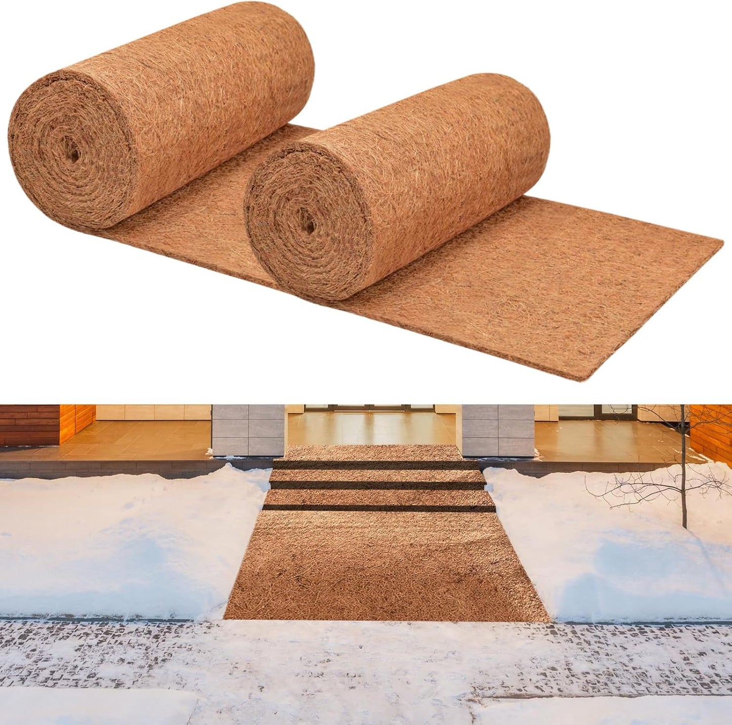 ZeeDix 2 Pack Thickened No Slip Ice and Snow Carpet-16 x 118 inch Natural Coconut Fiber Mat Walking Safety, Winter Coco Liner Roll Outdoor Carpet Runner for Front Door Hallway Stairs Garden