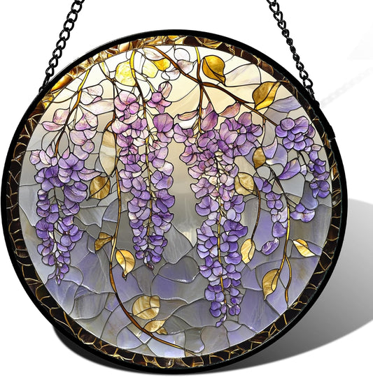 Stained Glass Window Hanging - Wisteria Flower Golden Leaves Sun Catcher for Door Home Decor Plant Suncatcher Christmas Mother's Day Birthday Gifts for Women Men Lovers Mom Nana 6.3 in