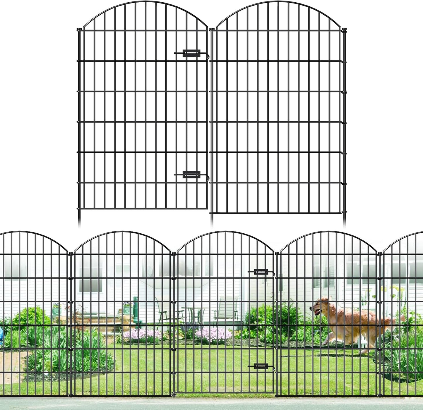 Metal Garden Fence with Gate 48in (H) x 12.7ft (L), 1 Gate+ 4 Panels Dog Fence Border Fences Animal Barrier, No Dig Garden Fencing for Yard Flower Bed Lawn Patio Outdoor, ECG4805G, Black