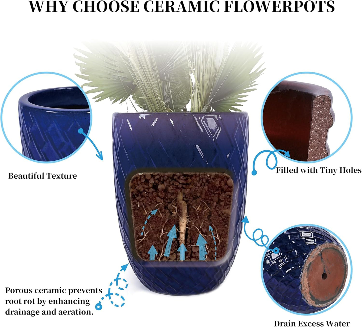 Large Ceramic Planter Pot 21 Inch, Tall Plante Pots Decorative Flower Pot with Diamond Textured Pattern and Drainage for Indoor Outdoor Plants (Dark Blue)