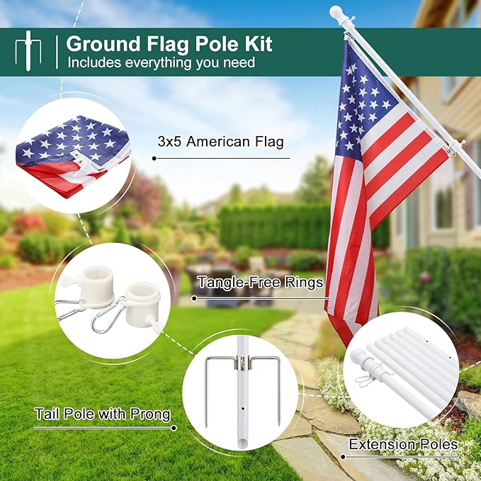 Barcetine 4-Pack Ground Flag Pole Kit - 8.5 FT Tangle Free with Anti-Tip Stand Prong -1 inch Heavy Duty Portable Inground Flag Holder for Yard Garden Outdoor, Bonus 3x5 US Flag,White