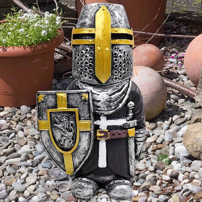 nezababy Knight Gnomes Guard Garden Statue Decoration Medieval Wee Crusader Battle Swordsman Fighting Outdoor Figurines Lawn Decor Resin (F)