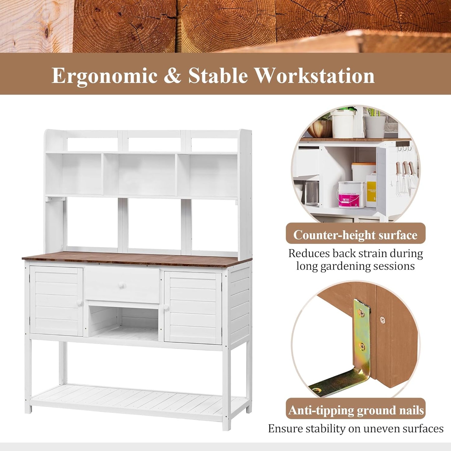 Outdoor Potting Bench-Fir Wood Garden Work Table with Hutch &Storage-Rustic Planting Station for Backyard, 50.2"x19.7" x66.1" (Natural) (White + Wood + Country Style)