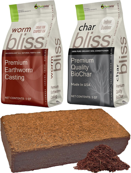 Worm Bliss (1 Qt) + Coco Coir Brick (650gms) + Char Bliss (1 Qt) - Organic Coco Coir for Plants - Worm Castings & Biochar for Plants - Organic Fertilizer & Soil Amendment Bundle - Potting Soil Mix