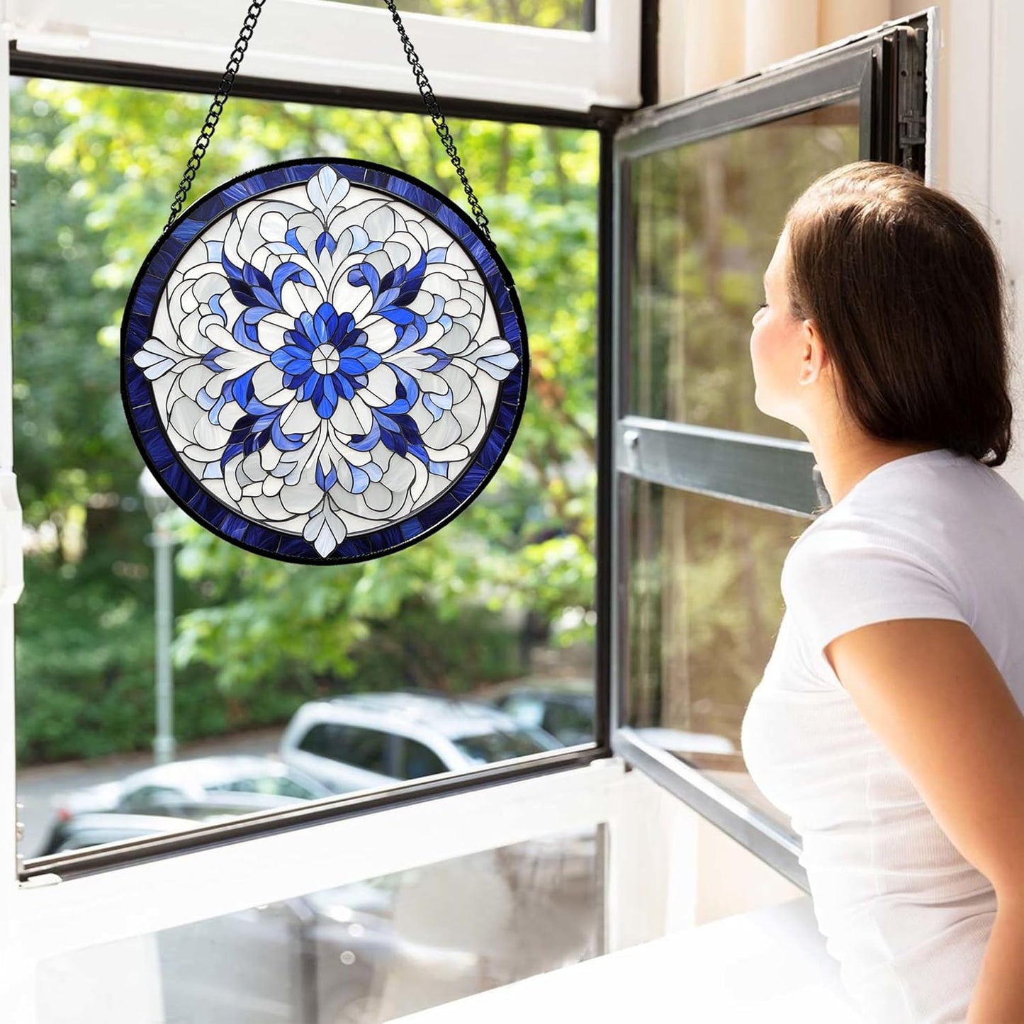 Stained Glass Window Hanging - Retro Lily of The Valley Suncatcher for Door Garden Yard Flower Sun Catchers Decor Christmas Mother's Day Birthday Gifts for Women Mom Nana Friend 7.8 in