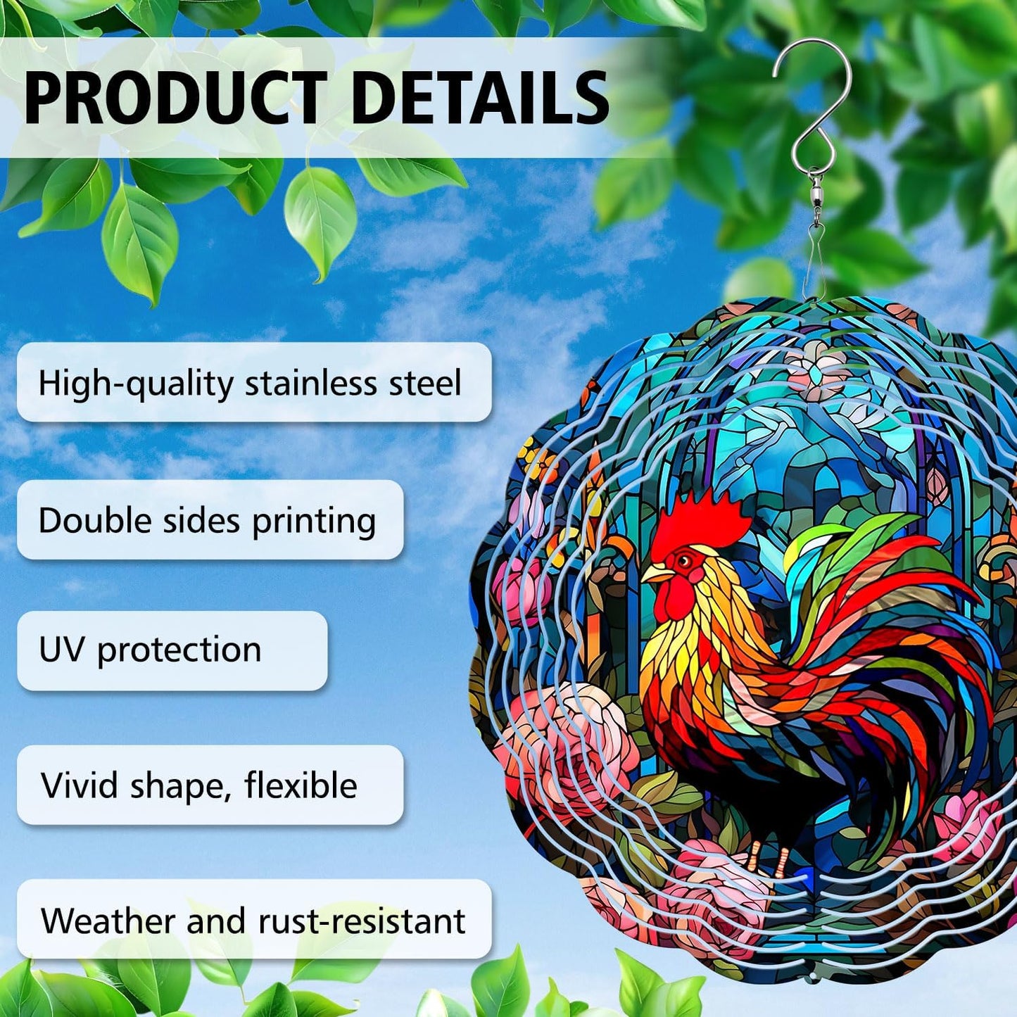 Rooster Yard and Garden Wind Spinner, Unique 3D Hanging Rooster Wind Spinner