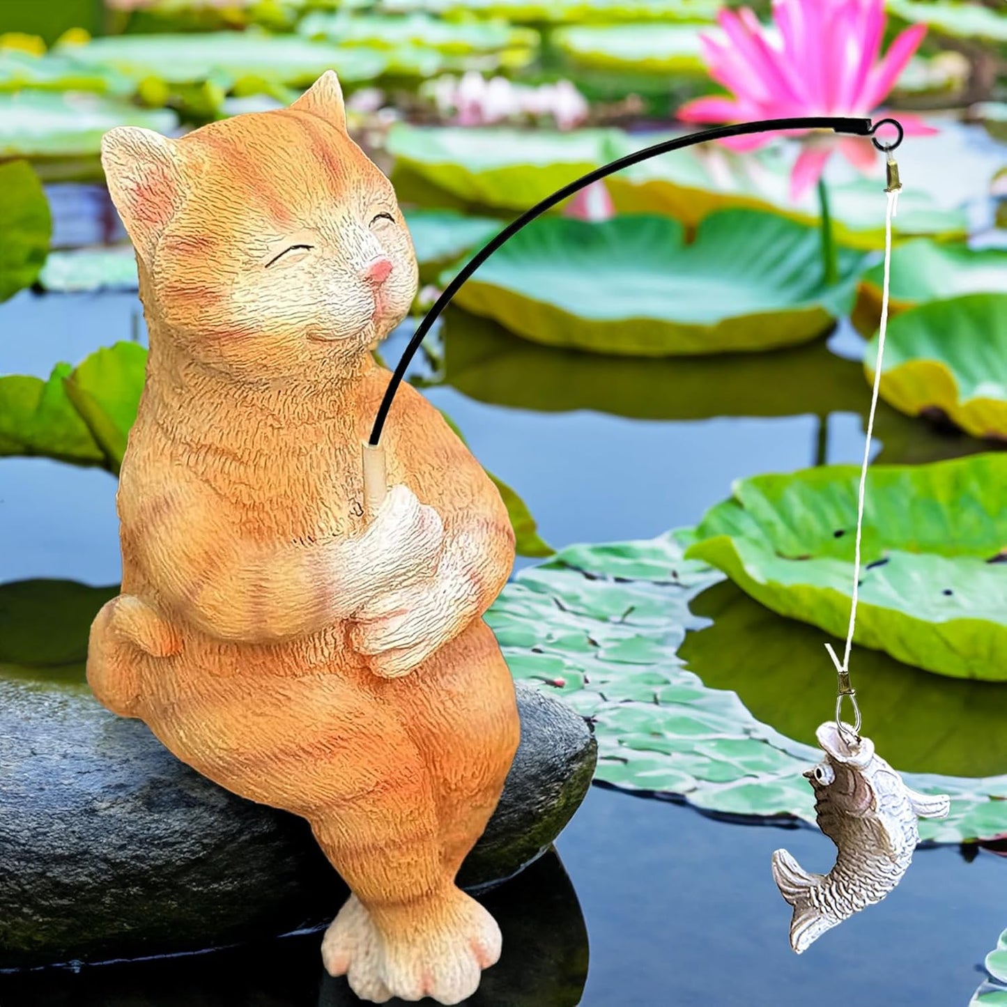 Garden Funny Orange Cat Pond Statue - 11" Cat Fishing Poolside Decor, Animals Outdoor Statue