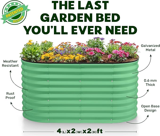 Galvanized Raised Garden Beds Outdoor // 4×2×2 ft Planter Raised Beds for Gardening, Vegetables, Flowers // Large Metal Garden Box (Light Green) // Patented Tool-Free Design
