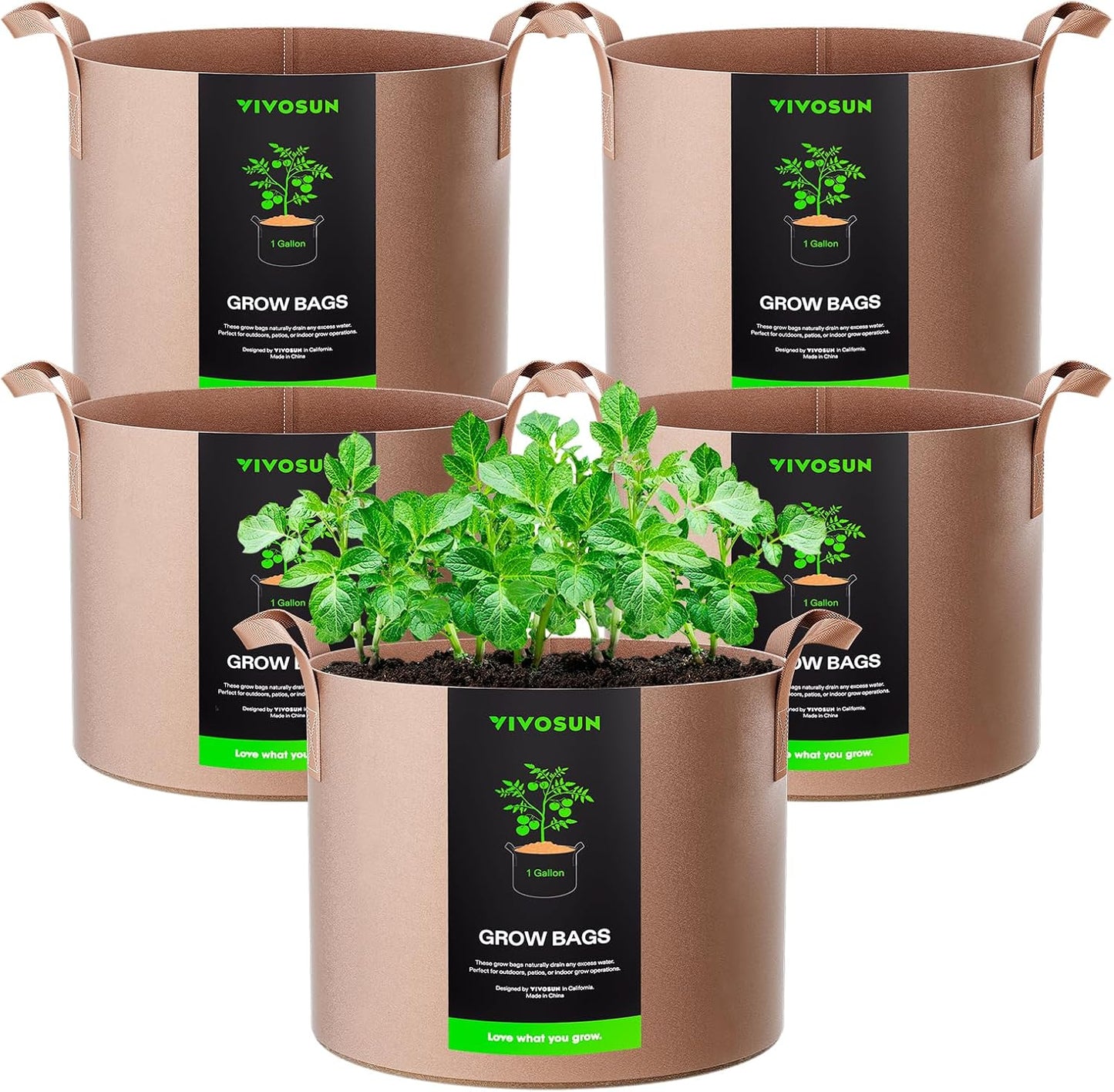 VIVOSUN 5-Pack 1 Gallons Grow Bags Heavy Duty Thickened Nonwoven Fabric Pots with Strap Handles Tan