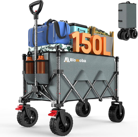 Collapsible Wagon Cart, 150L Heavy Duty Foldable Beach Wagon with Wider Wheels & Auto-Rebound Handle, Utility Grocery Shopping Cart for Garden, Shopping, Camping, Sports, Gray
