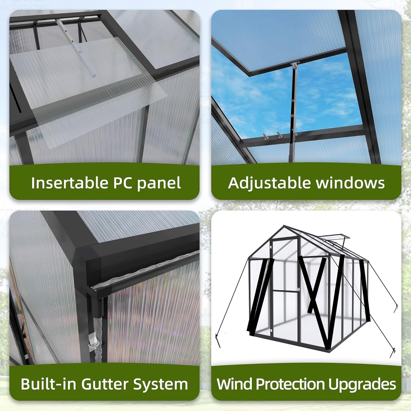 7.2FT High 6*6.2FT Greenhouse for Outdoors,Polycarbonate Greenhouse with Stronger Wind Protection and Roof Vent,Walk-in Large Aluminum Sunroom Winter Proof,Black
