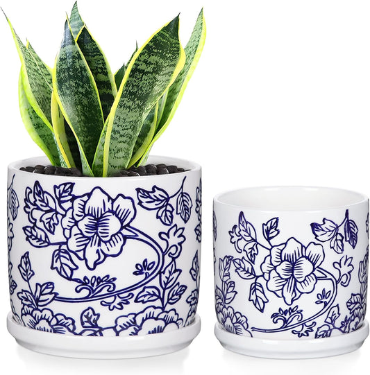 Set of 2 Blue and White Ceramic Plant Pots with Drainage Hole and Saucers, Retro Blue Porcelain Flowers Round Planters for Succulent Cactus Indoor Outdoor Garden Home Desktop Decor, 4.5+5.5 Inch