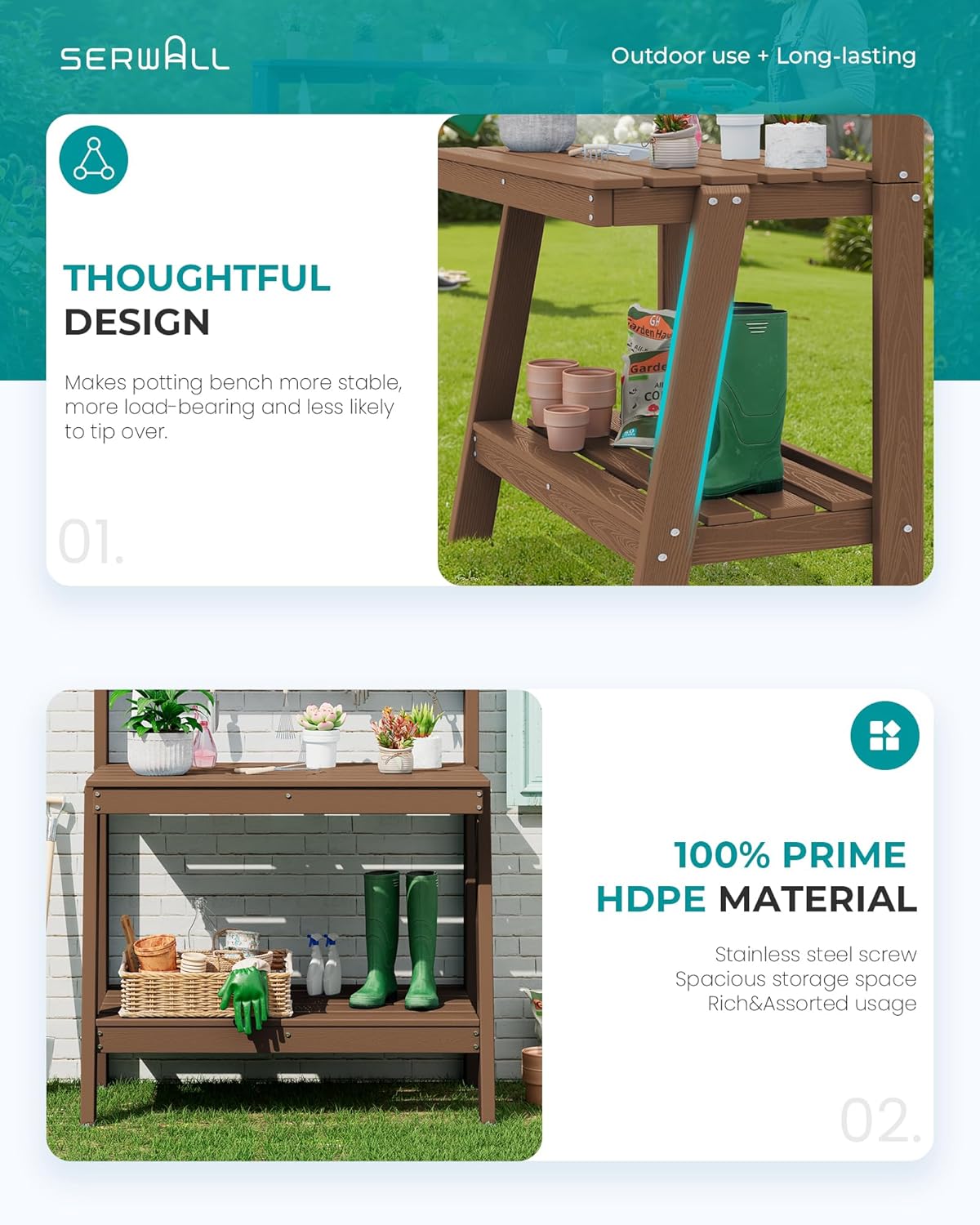 SERWALL Potting Bench Outdoor with Storage, 3-Tier HDPE Gardening Table with Angled Legs & Tool Hooks, All-Weather Heavy Duty Potting Table for Patio, Backyard, Garden, Brown