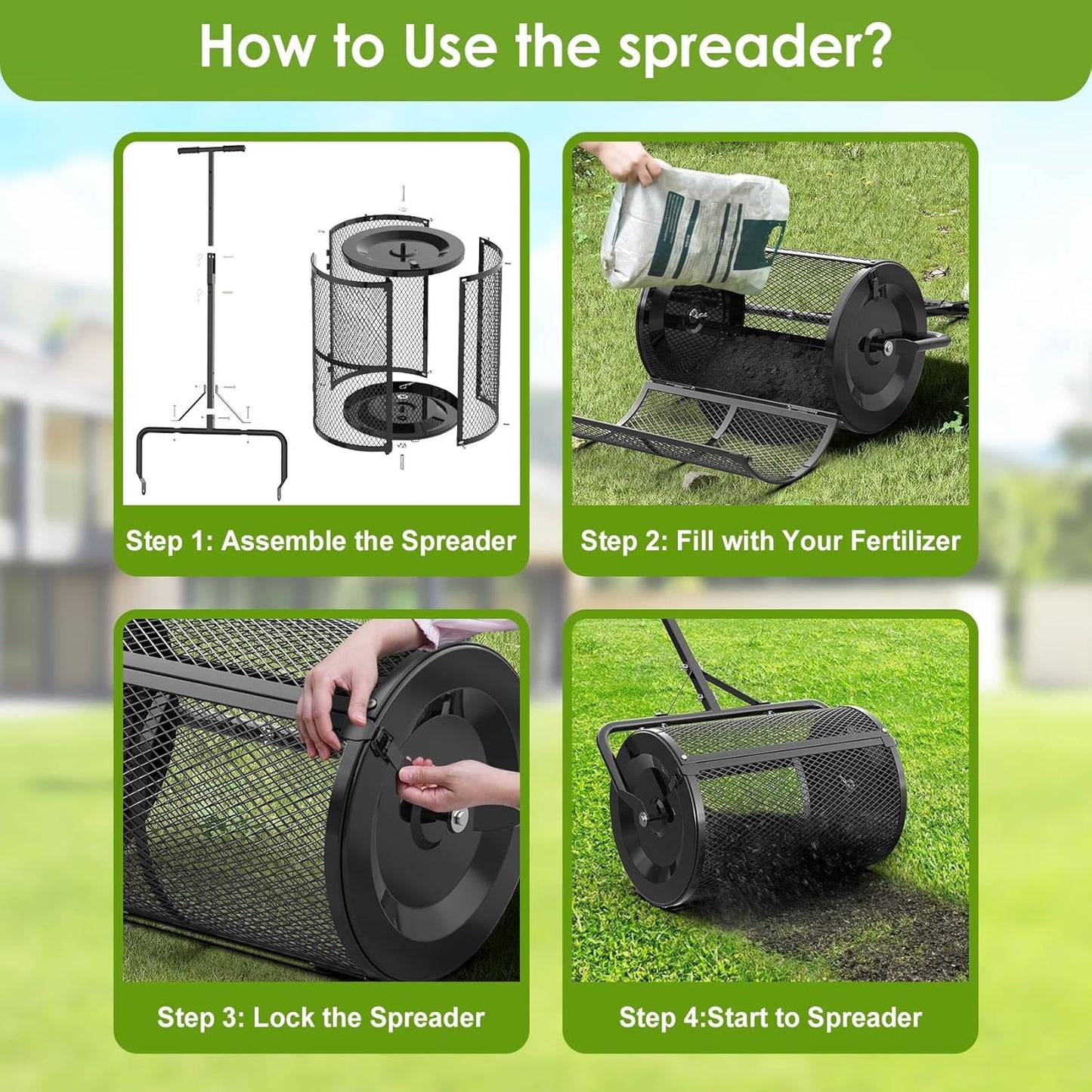 Seeutek Compost Spreader, 24" Peat Moss Spreader with 3 Heights, Top Soil Spreader W/Upgraded Side Latches Support Rod Powder Coated Metal Mesh Top Dressing Spreader for Lawn, 2 Way Uses-Push or Tow