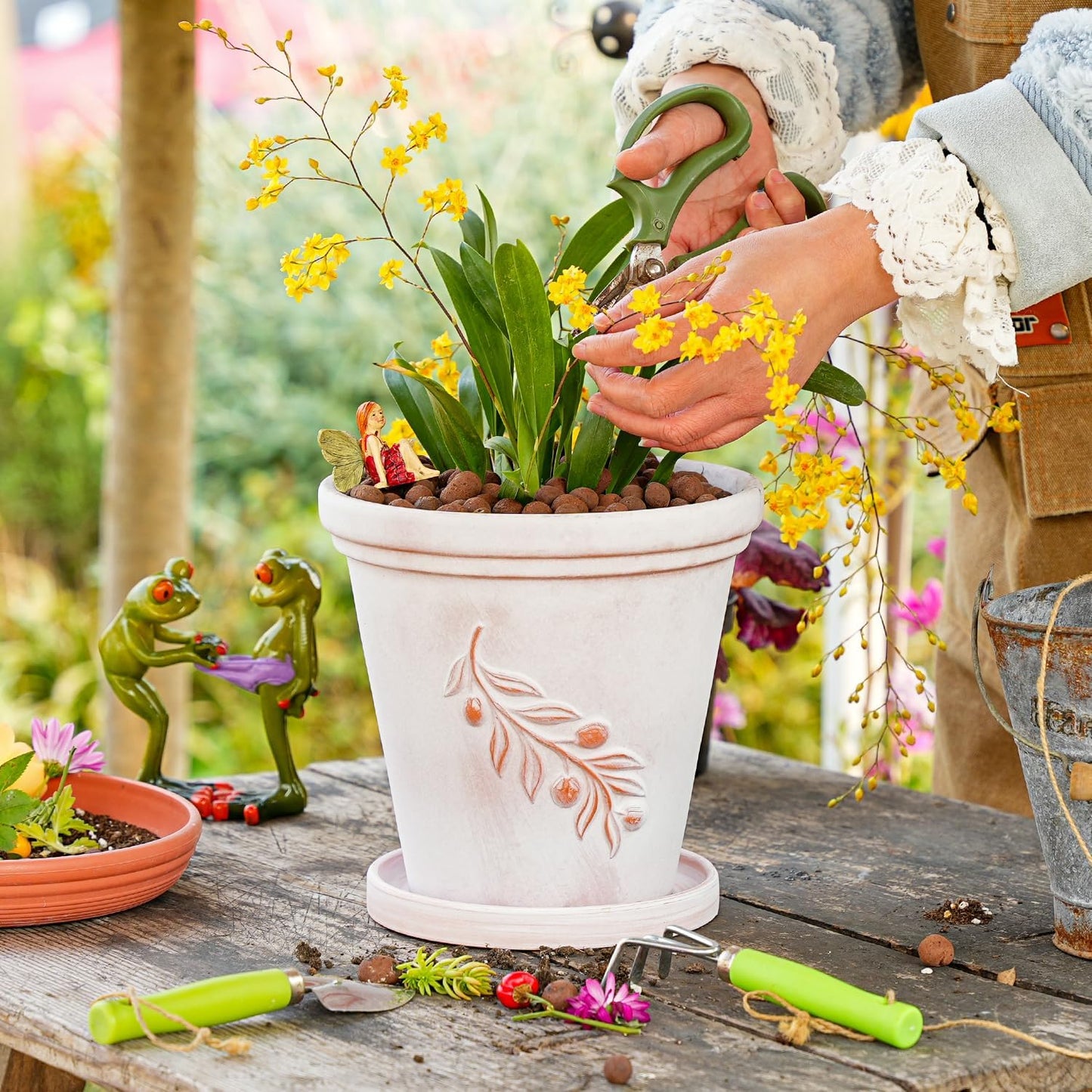 Sungmor Set of 3 Terra Cotta Pots with Saucer & Drainage Hole, 8 Inch Large & Deep Clay Pots, Unique Embossed & Pretty Color Pottery Planters for Plants Orchid Cactus Succulent