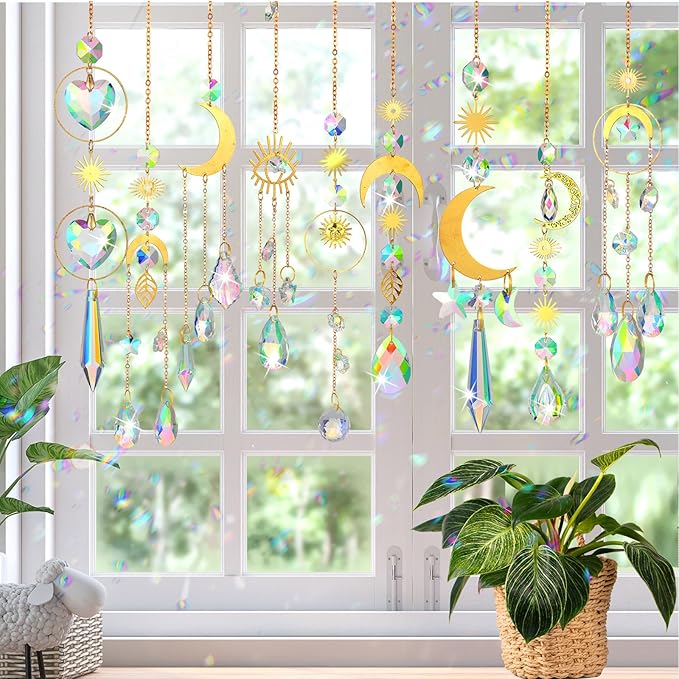 Maitys 10 Pcs 6 Pcs Crystal Suncatcher Sun Catchers Indoor Window Hanging Sun Catchers with Light Catcher with Prisms and Agate Slices for Indoor Outdoor Home Garden Wedding Decor (Stylish)