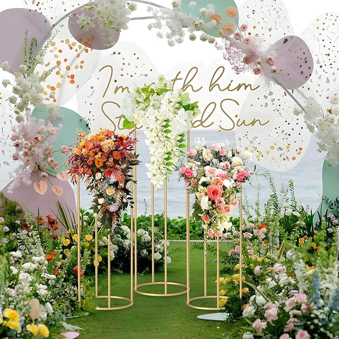 chamvis Gold Metal Plant Stand, 3 Pcs Tall Cylinder Pedestal Stands for Parties and Weddings, Gold Round Cylinder Tables for Living Room and Patio Decor