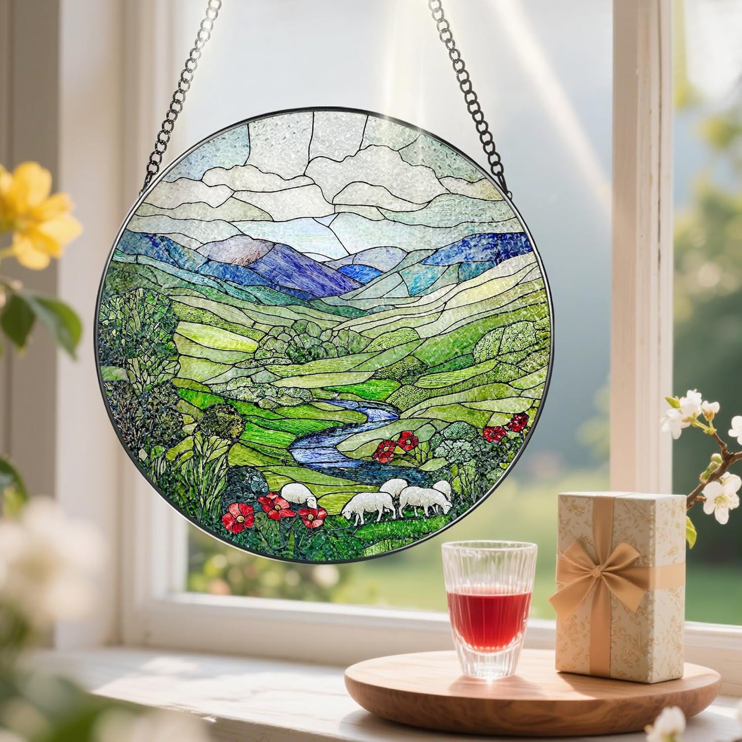 Stained Glass Window Hanging, Pauyadu 8 Inch Green Irish Hills Stained Glass Suncatcher, Window Decorations for Home, Christmas, Mother's Day, Birthday, Gifts for Women, Perfect for Nature Lovers