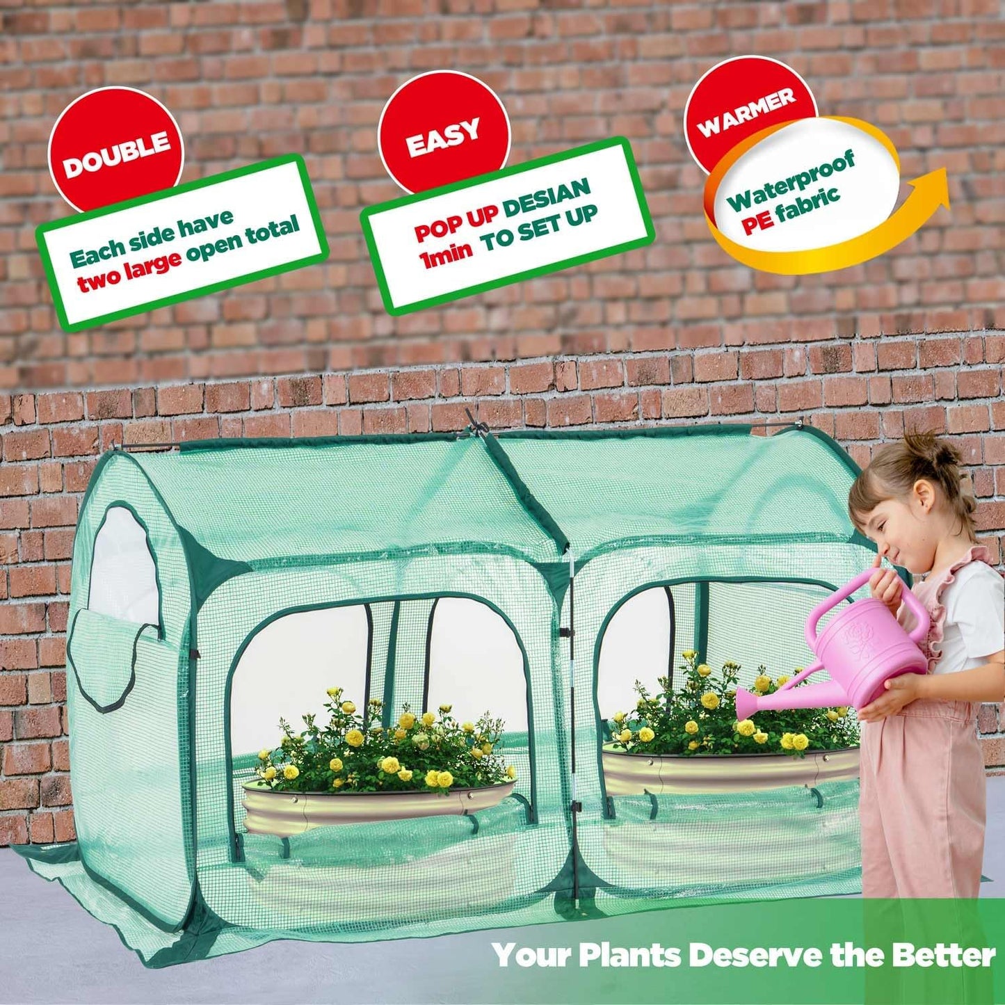 Pop up Greenhouse Tent Cover Tunnel Plant House,Large Gardening Flower Sunshine Room with Mesh Windows,Backyard PE Greenhouse Cover for Cold Frost Protector with Stakes and Rope Guys