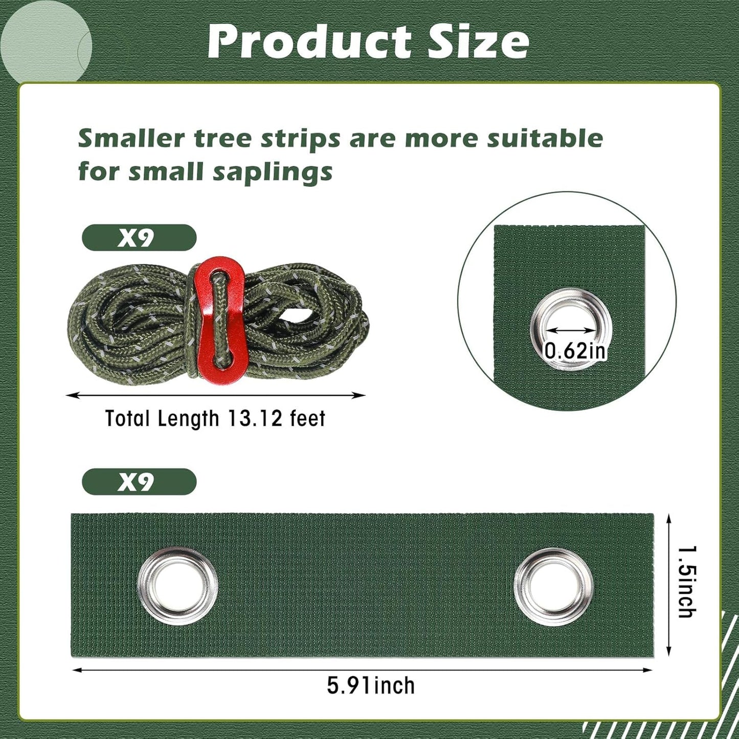 Sintuff 9 Set Heavy Duty Tree Stake Kit 5.91 Inches/ 15 cm Tree Straps for Staking and 13.12 ft/ 4 m Dock Lines Rope for Support Anchoring Home Leaning Plant Straightening Garden Tent (Green)