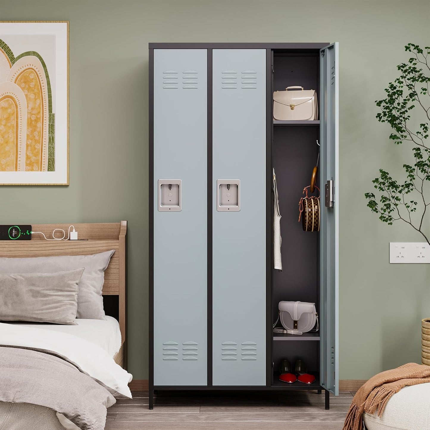 Metal Locker with 3 Doors Employees Locker, Metal Storage Locker with Hooks, 71" Storage Cabinet Lockers for Employees, Home, Office, Gym Requires Assembly (3 Doors, Black Grey)