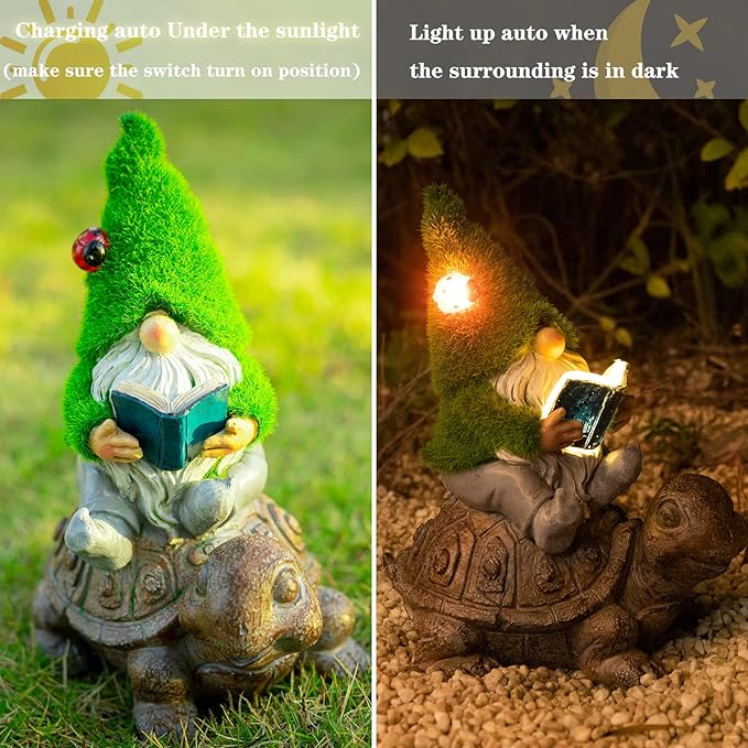 Garden Gnome Sitting on Turtle Outdoor Statues and Sculpture with Solar Lights, Garden Gnome Solar Statues and Turtle Figurines for Patio Yard Lawn Porch Decorations