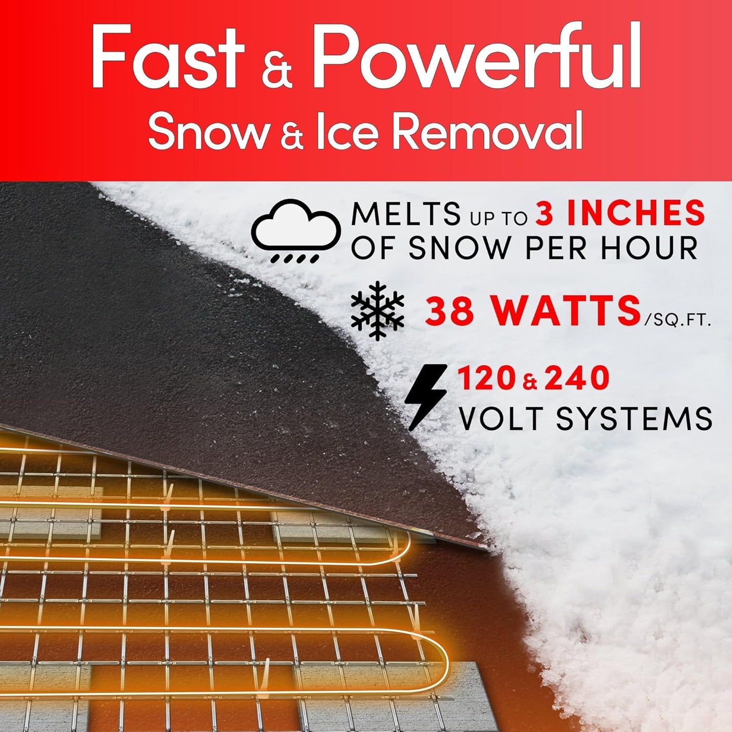Electric Snow and Ice Melting Underground Cable 188 feet, Covers 62 sqft at up to 38 Watts/sqft, 120V – Radiant Heated Driveways, Walkways, Stairs – Installs Under Concrete, Asphalt, or Pavers