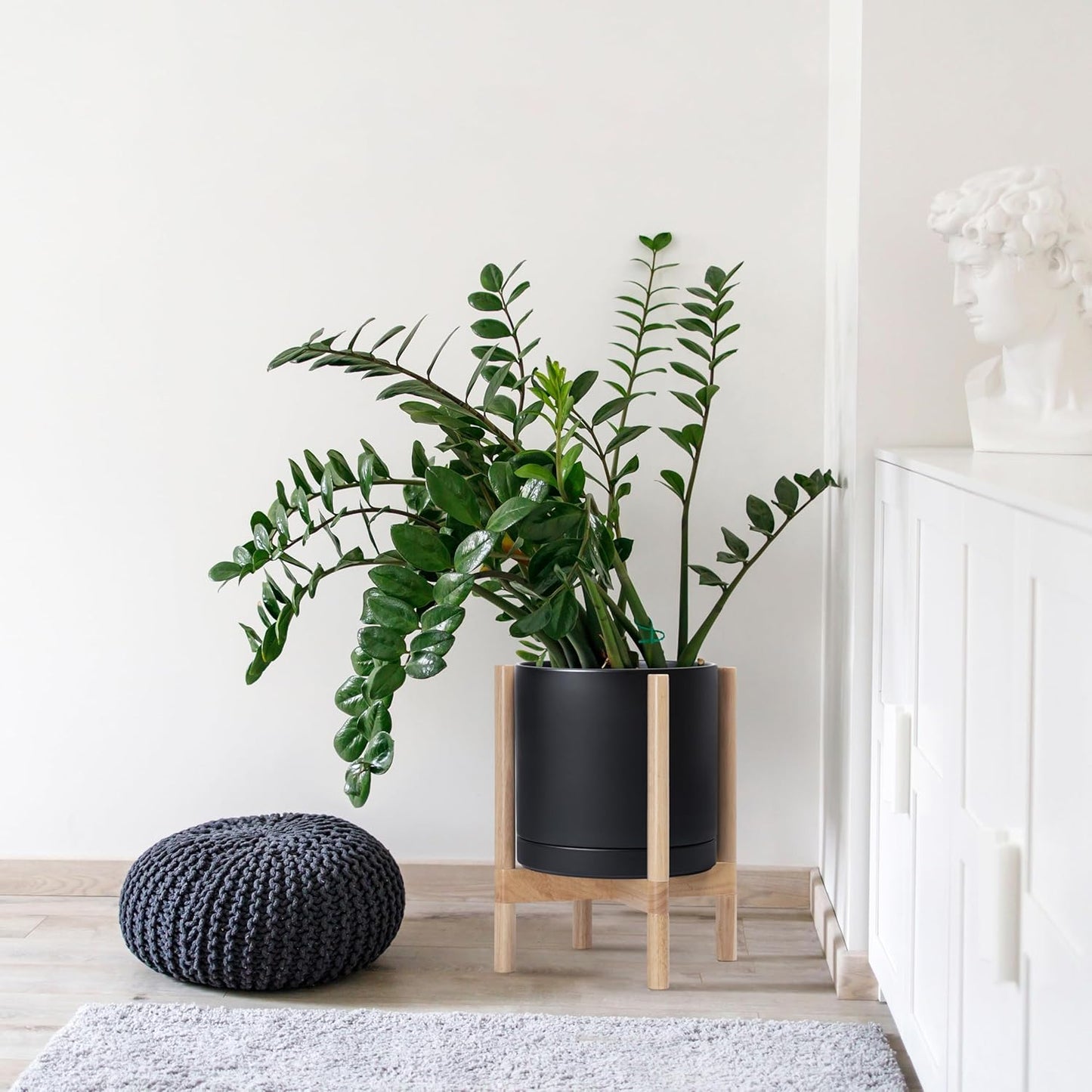 D'vine Dev Ceramic Planter with Natural Stand - 12 Inch Modern Round Flower Pot with Wood Planter Holder, Black, 55-B-J-2