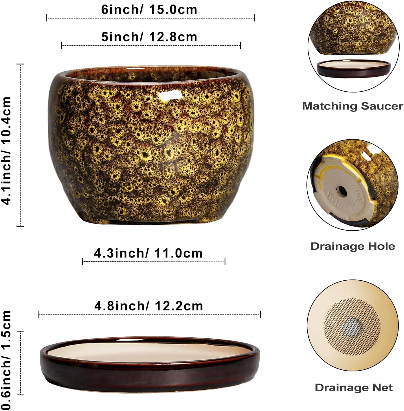 SQOWL 6 Inch Plant Pot - Ceramic Flower Pots with Drainage Hole and Saucer, Ceramic Planter for Indoor Plants Outdoor, Round Decorative Small Planter, Table Desk Decor, Housewarming Gifts, Yellow