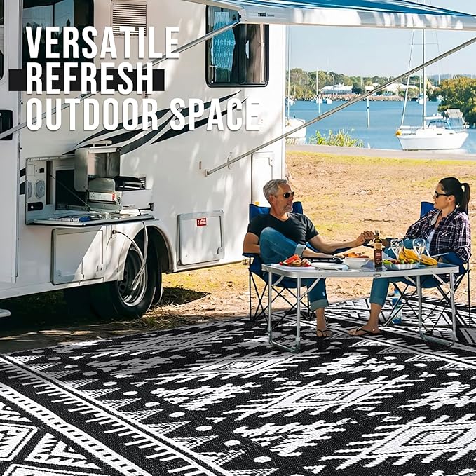 OLANLY Outdoor Rug Waterproof 5x8 ft, Reversible Outdoor Plastic Straw Rug, Boho Patio Rug, Indoor Outdoor Carpet, RV Mat Outside for Patio, Camp, Picnic, Balcony, Deck, Backyard, Black & White